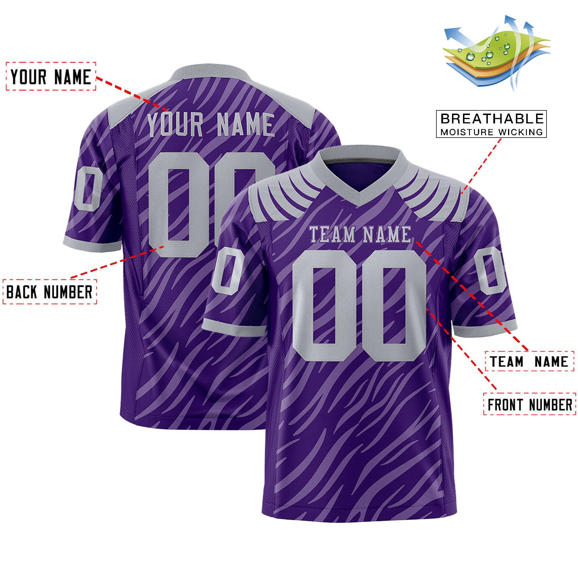 Custom Purple Gray Personalized Tiger Stripe Graffiti Pattern Authentic Football Jersey