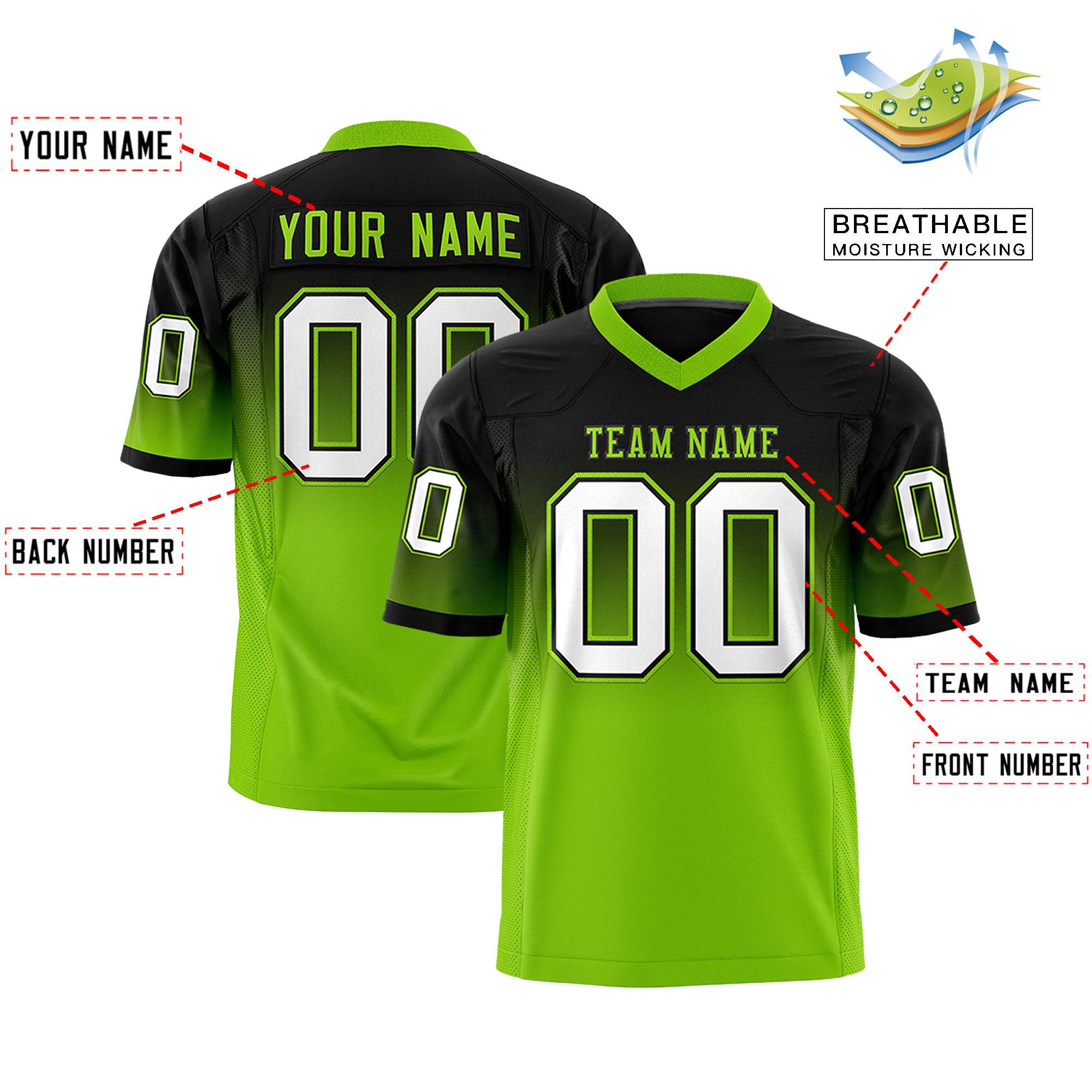 Custom Black Neon Green Gradient Fashion Personalized Authentic Football Jersey