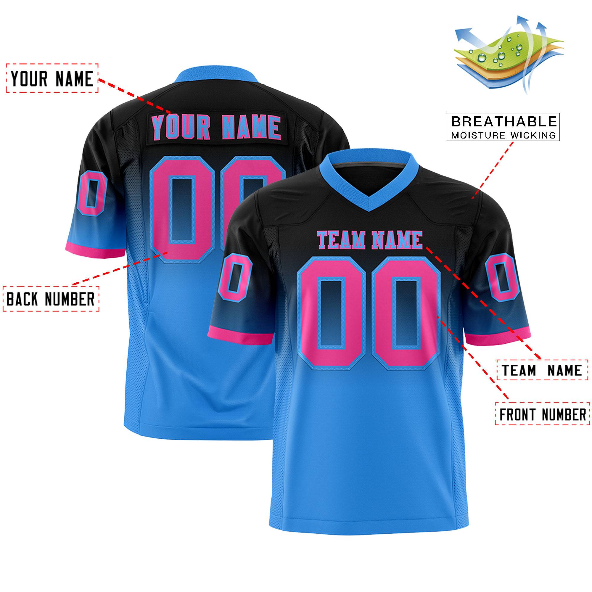 Custom Black Powder Blue Gradient Fashion Personalized Authentic Football Jersey