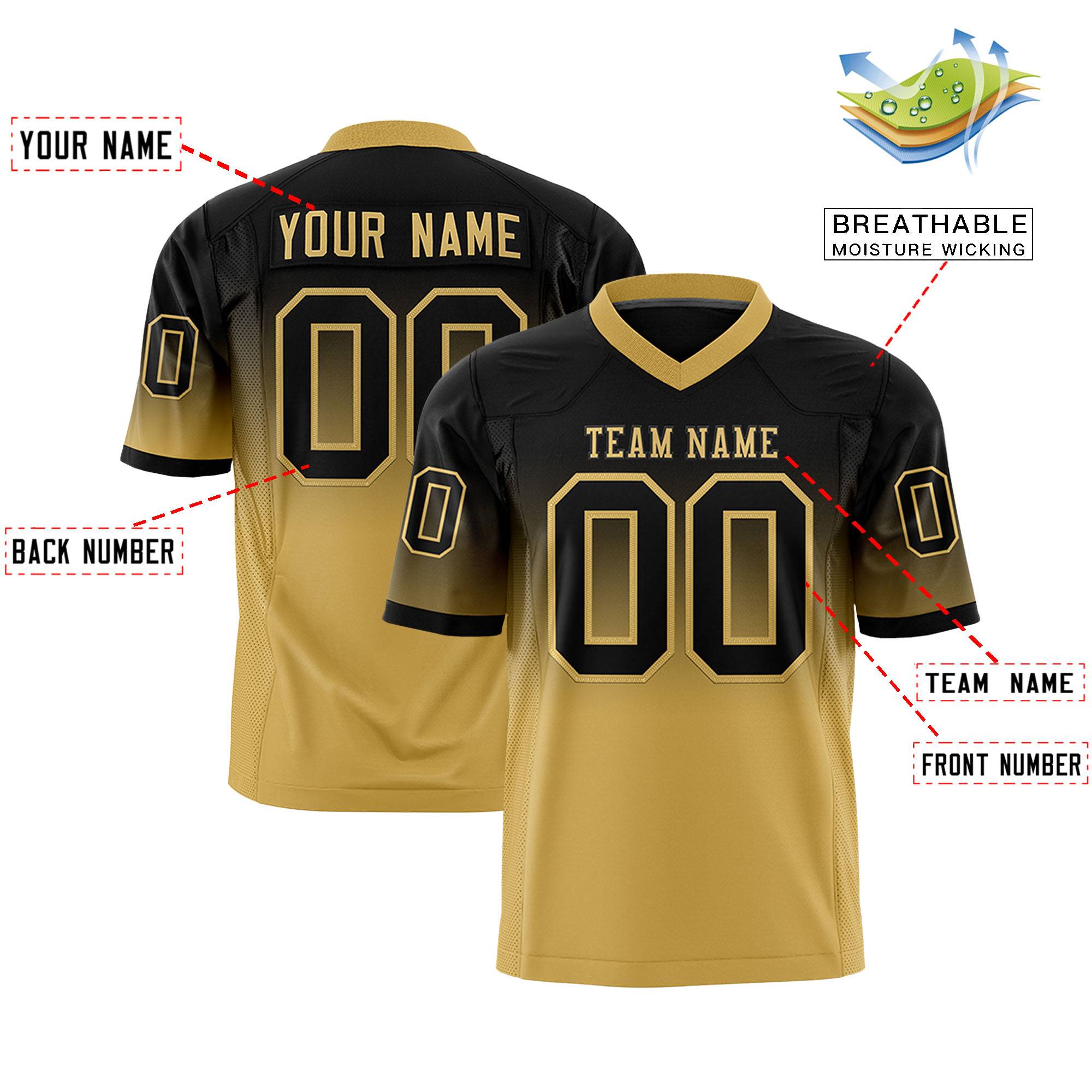 Custom Black Old Gold Gradient Fashion Personalized Authentic Football Jersey