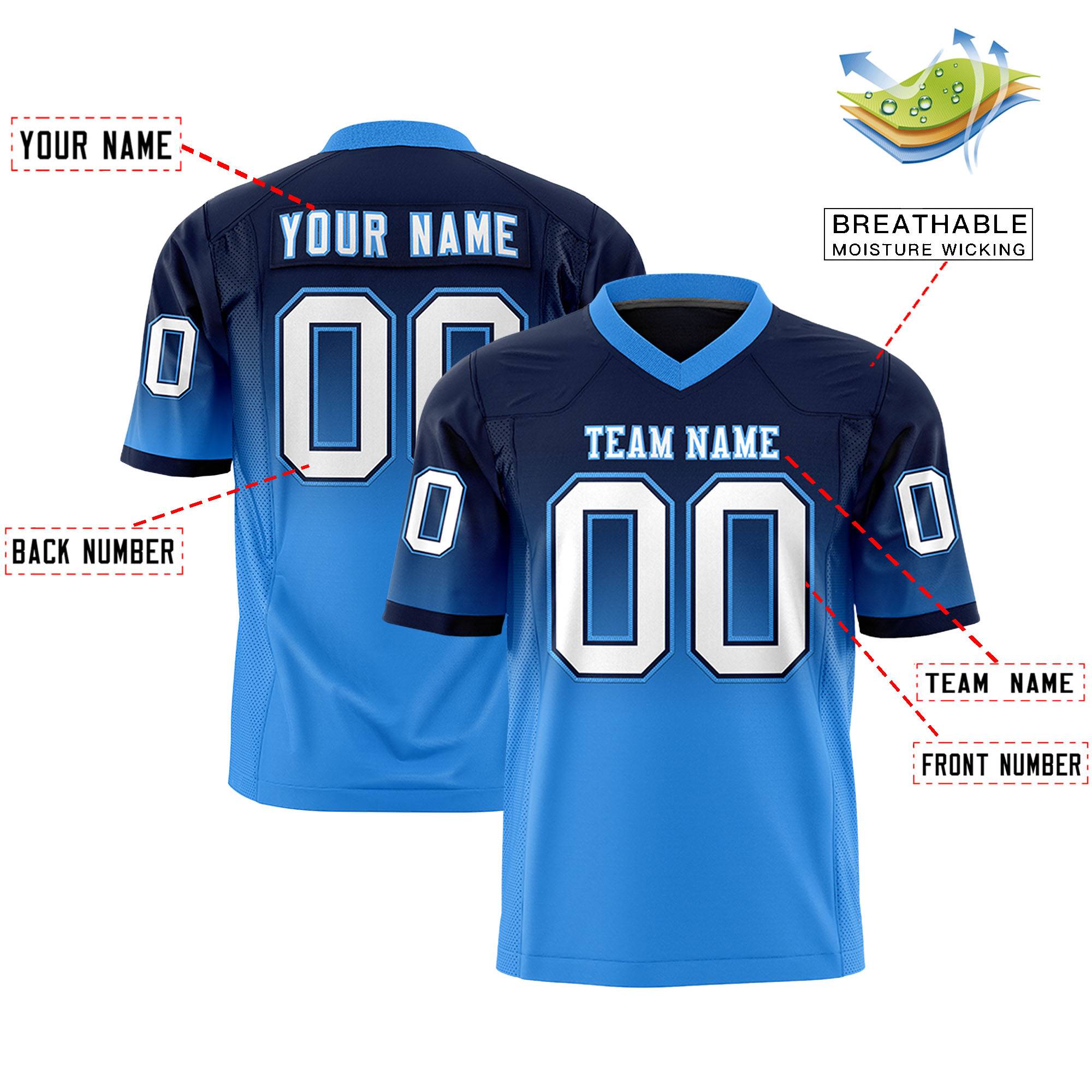 Custom Navy Powder Blue Gradient Fashion Personalized Authentic Football Jersey