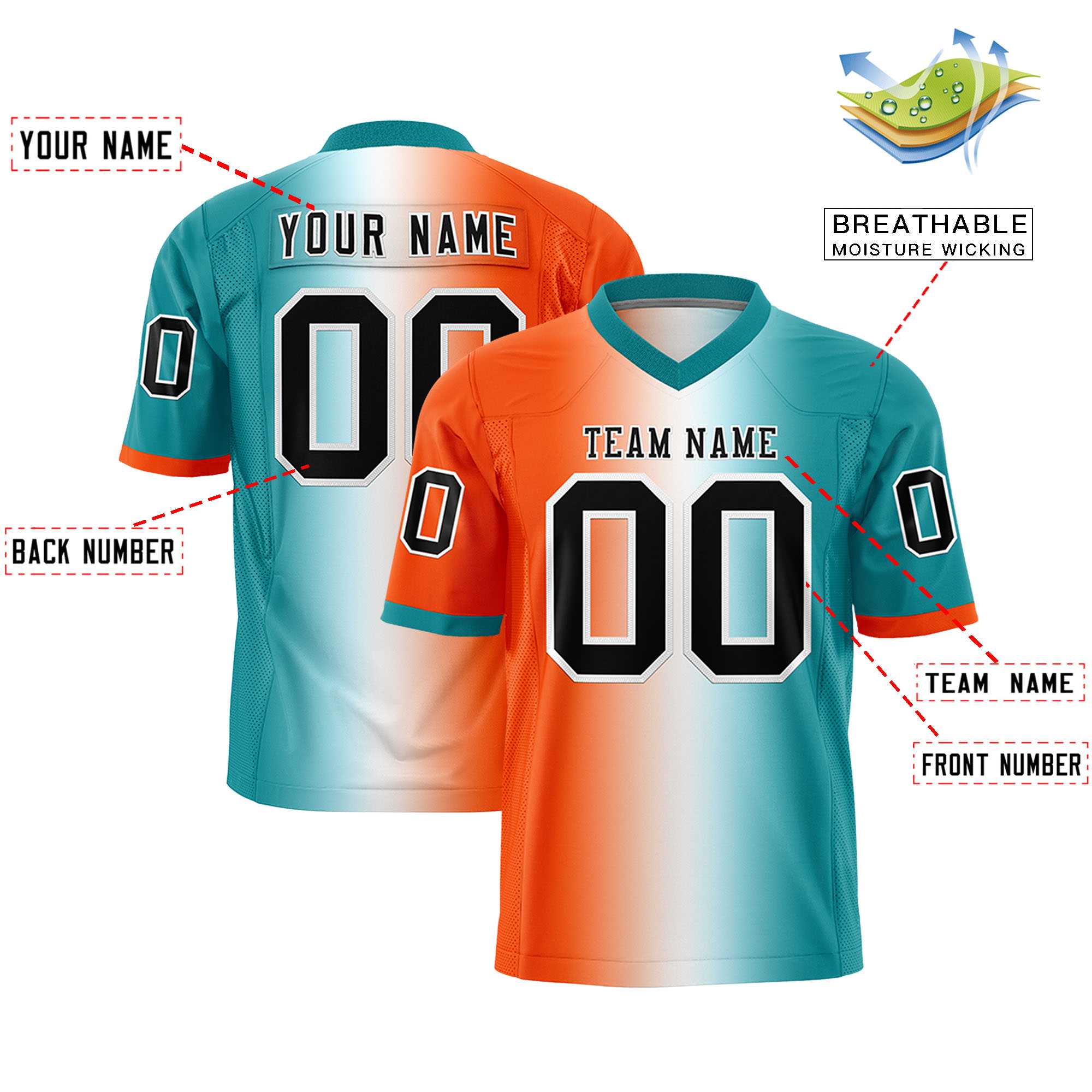 Custom Orange White-Aqua Personalized Gradient Fashion Authentic Football Jersey