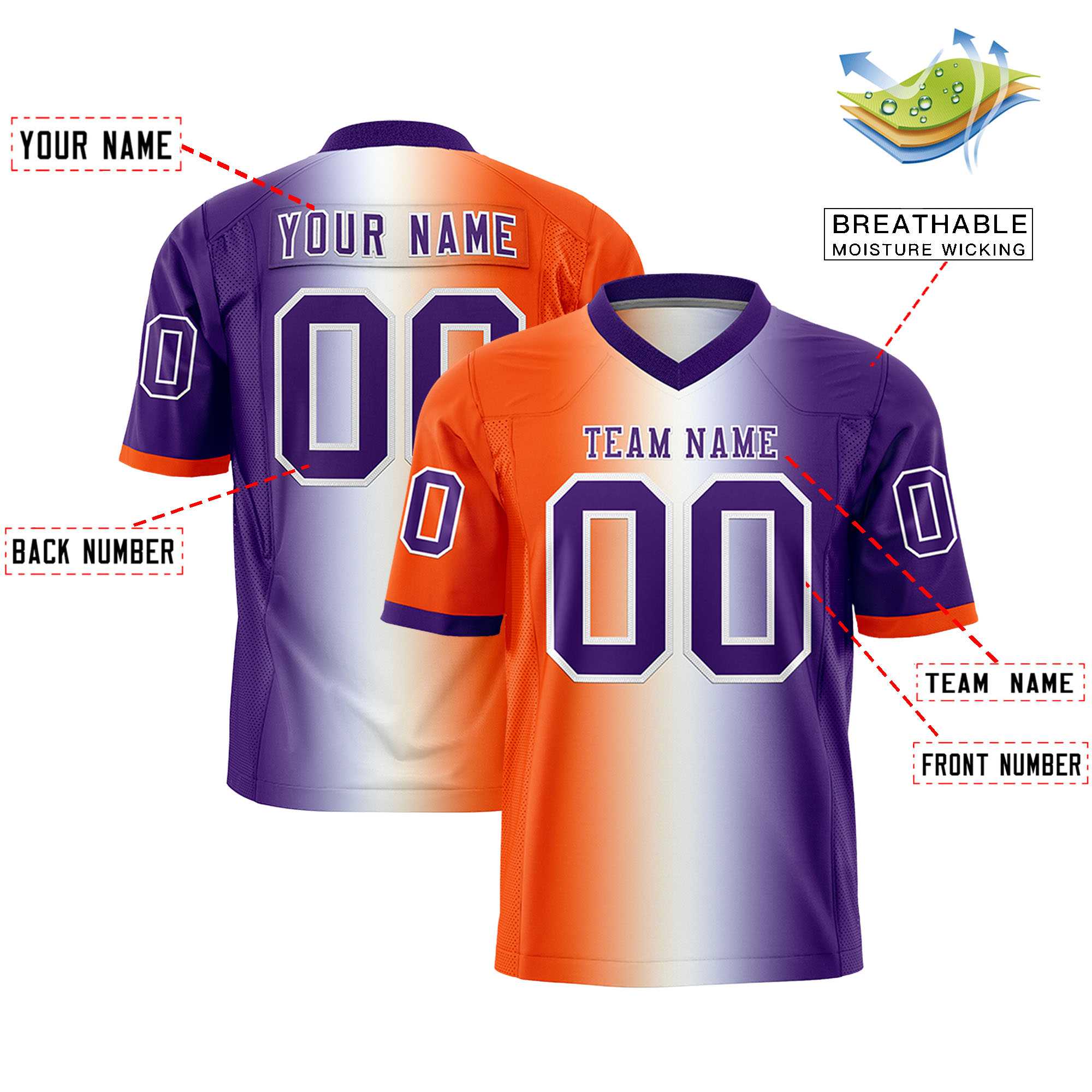 Custom Orange White-Purple Personalized Gradient Fashion Authentic Football Jersey