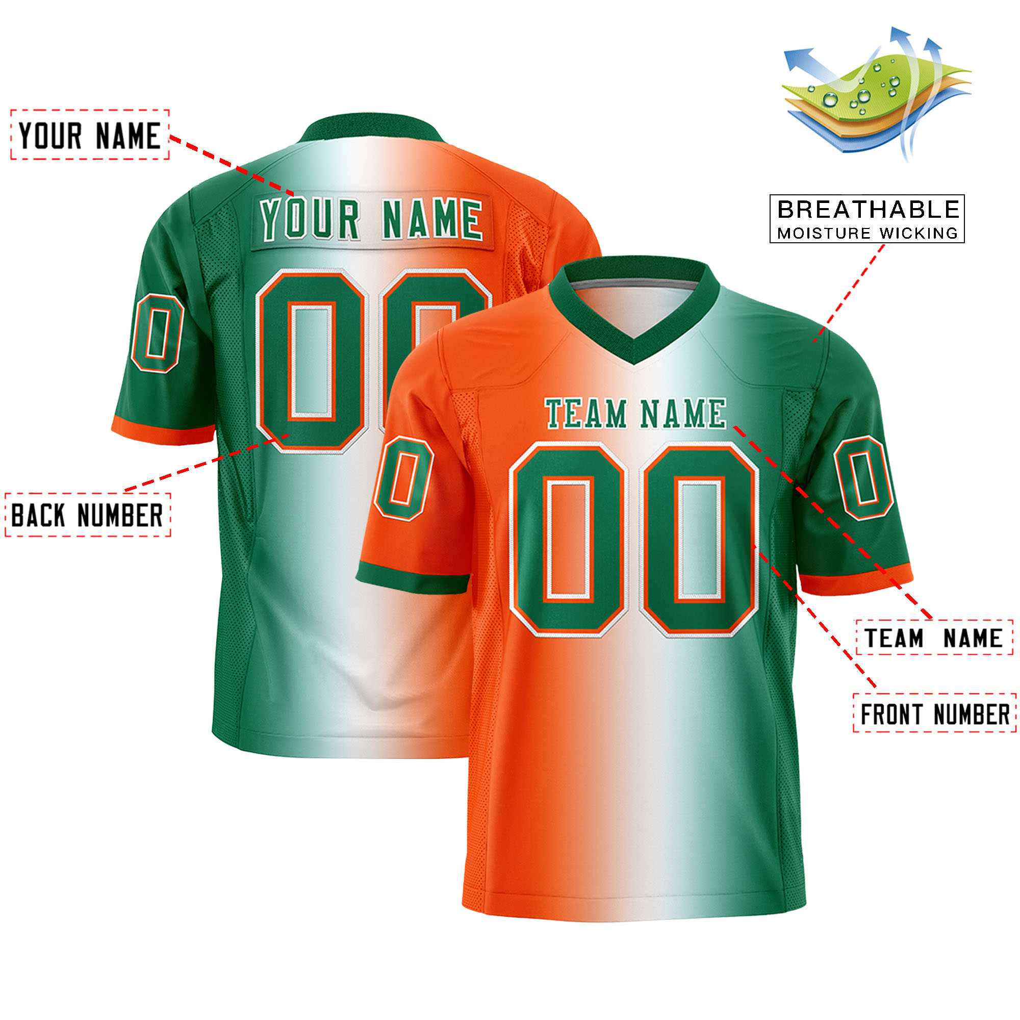 Custom Orange White-Kelly Green Personalized Gradient Fashion Authentic Football Jersey