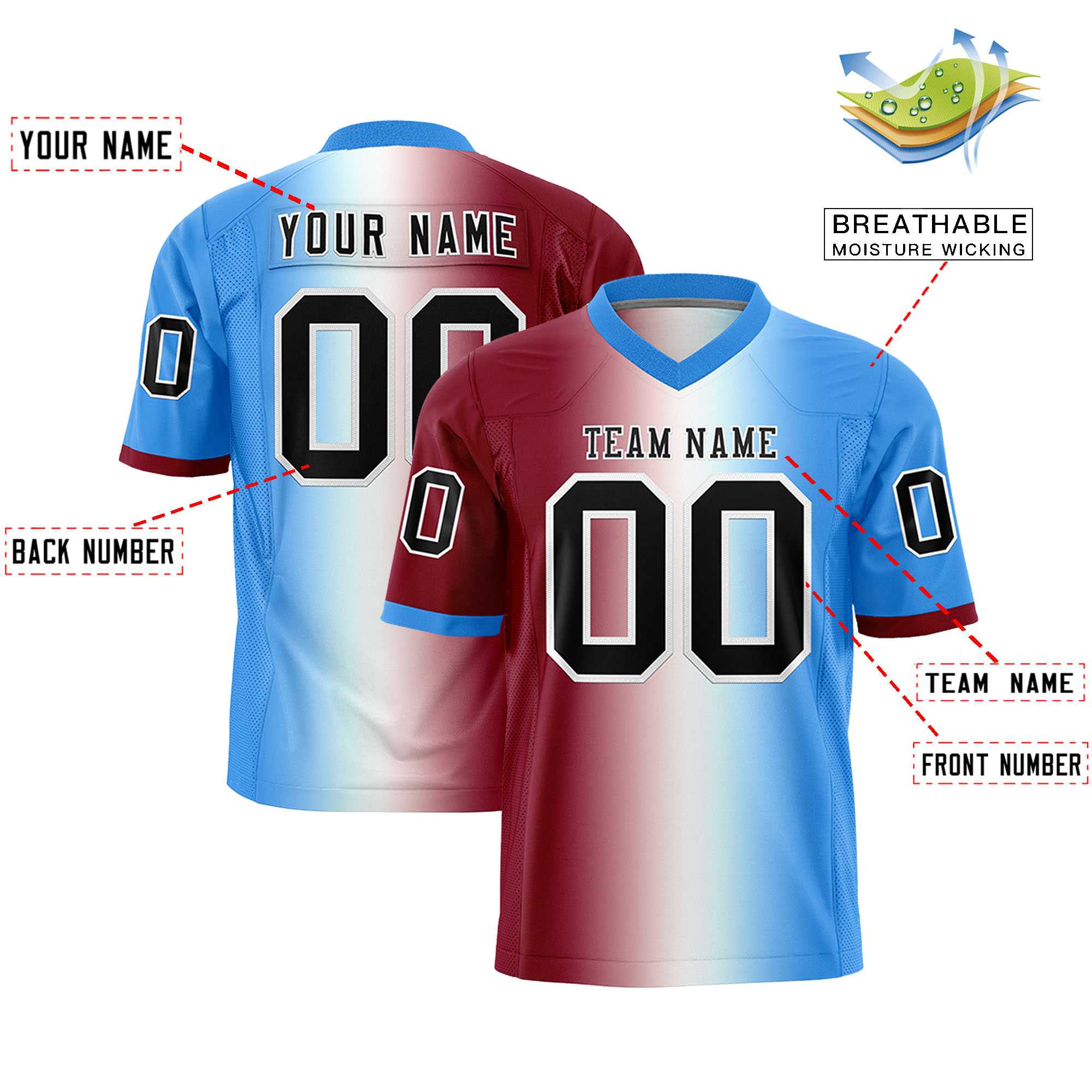 Custom Crimson White-Powder Blue Personalized Gradient Fashion Authentic Football Jersey