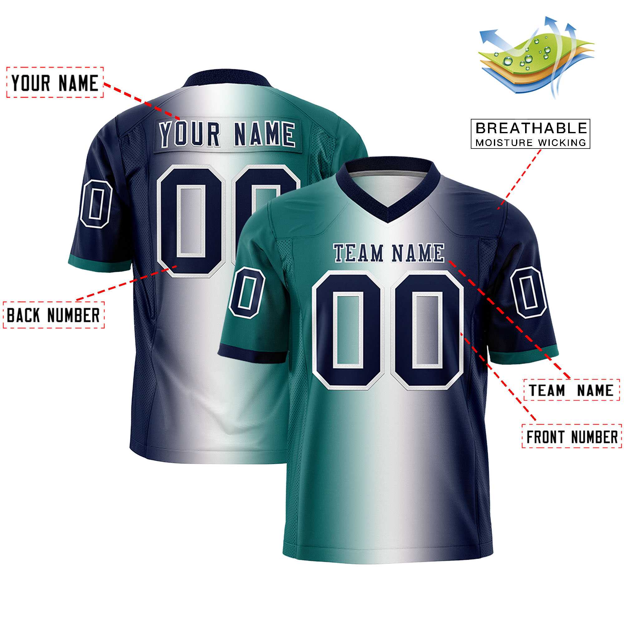 Custom Aqua White-Navy Personalized Gradient Fashion Authentic Football Jersey