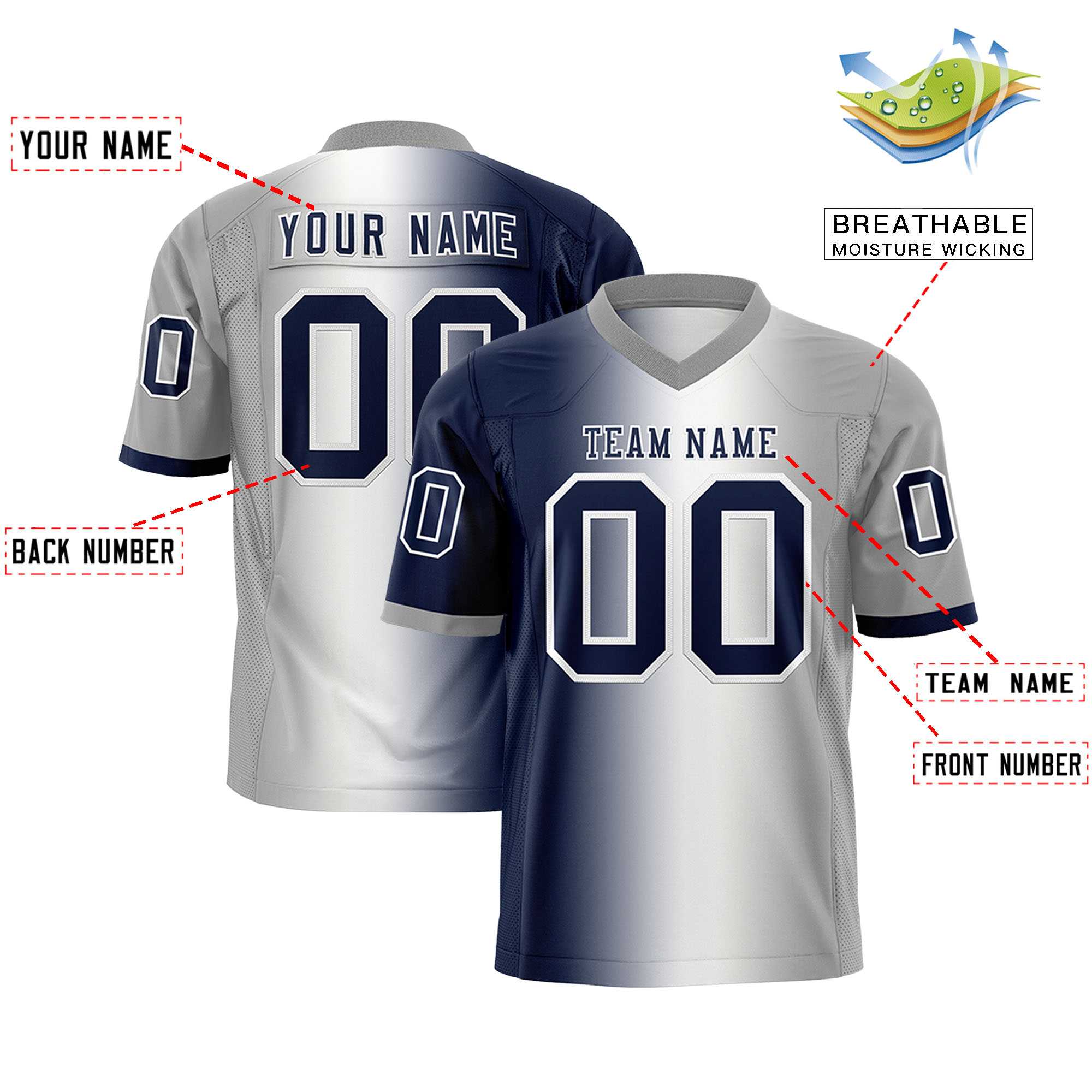 Custom Navy White-Gray Personalized Gradient Fashion Authentic Football Jersey