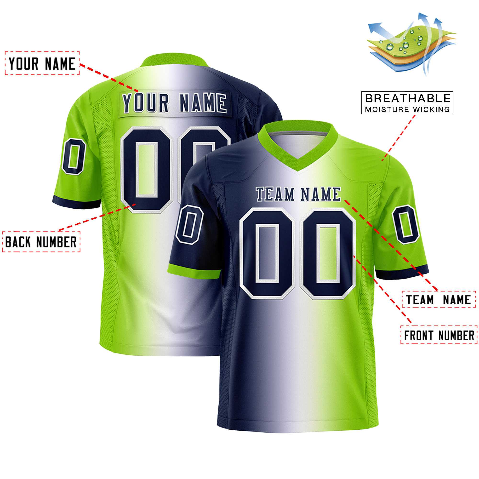 Custom Navy White-Neon Green Personalized Gradient Fashion Authentic Football Jersey