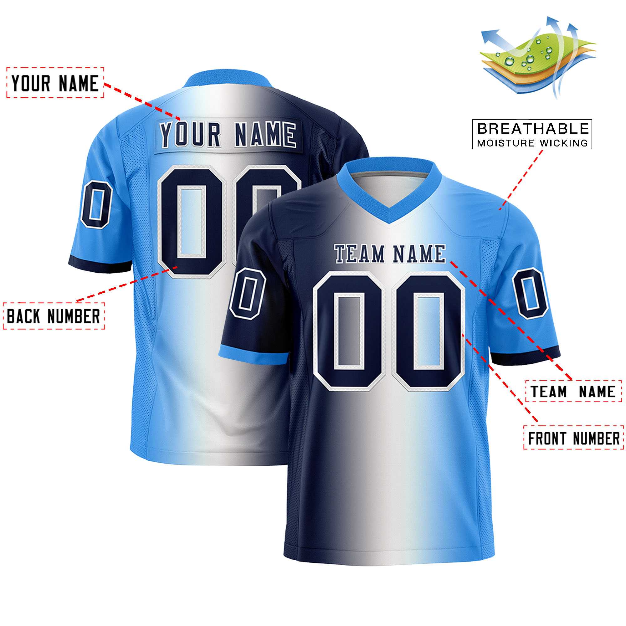 Custom Navy White-Powder Blue Personalized Gradient Fashion Authentic Football Jersey