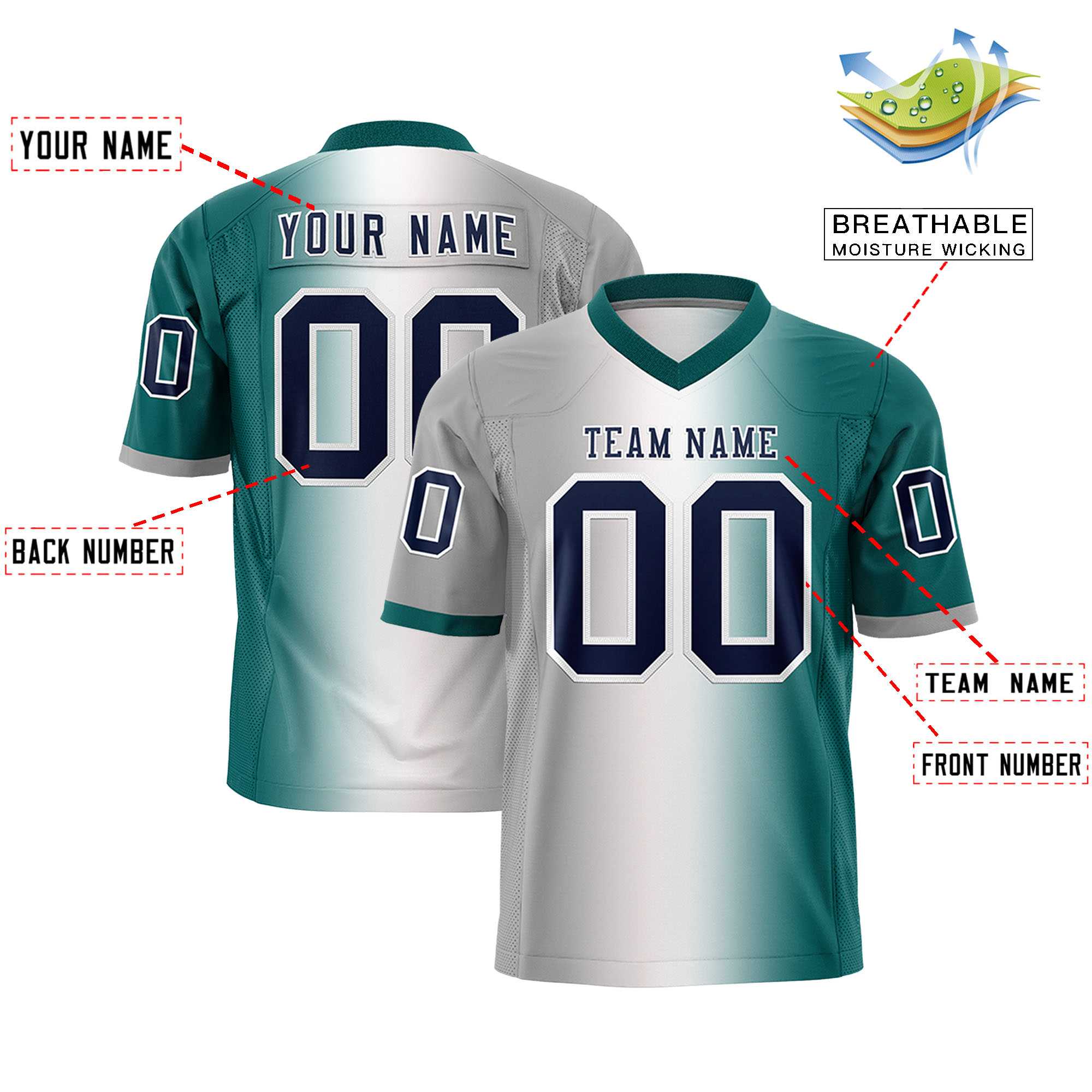 Custom Gray White-Aqua Personalized Gradient Fashion Authentic Football Jersey