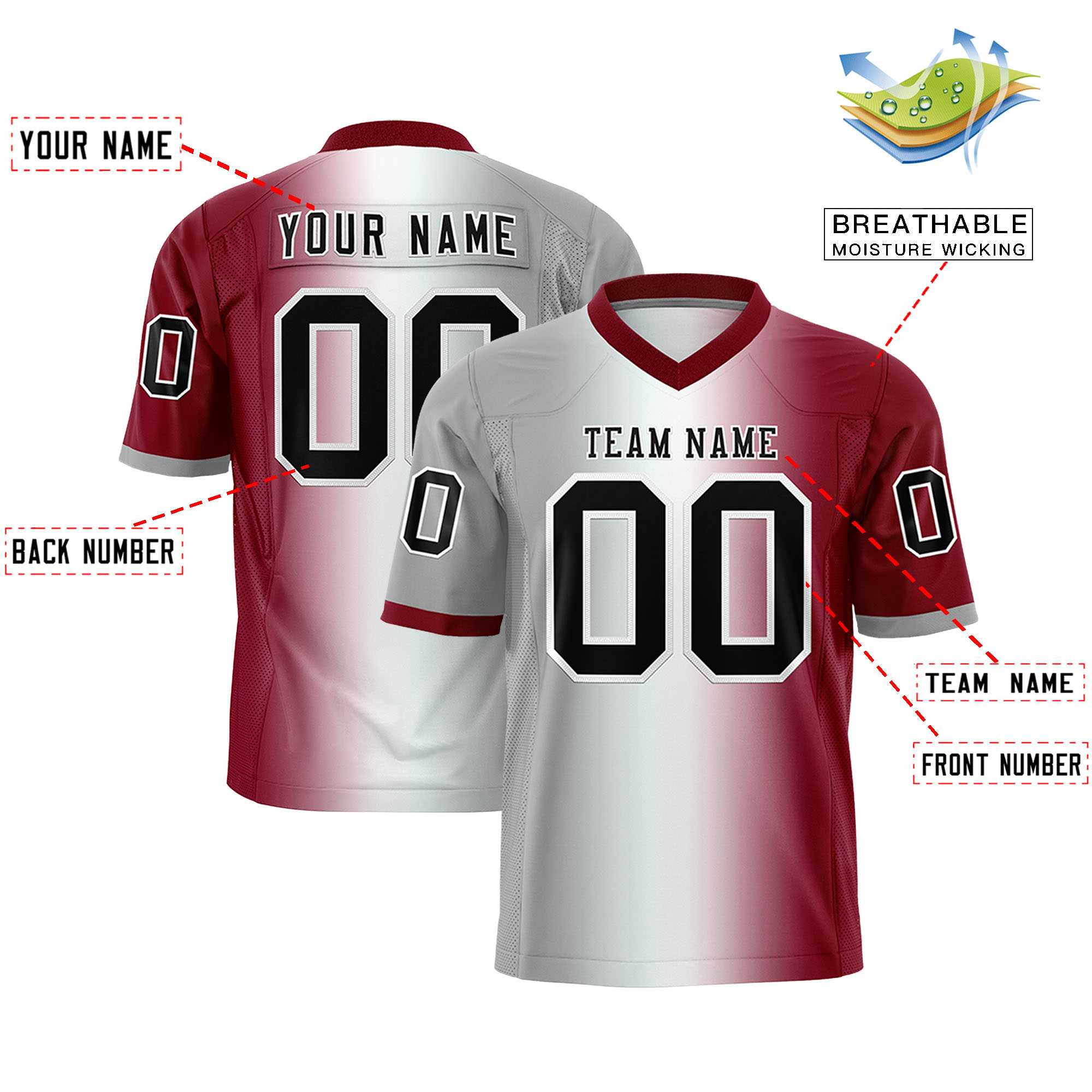 Custom Gray White-Crimson Personalized Gradient Fashion Authentic Football Jersey