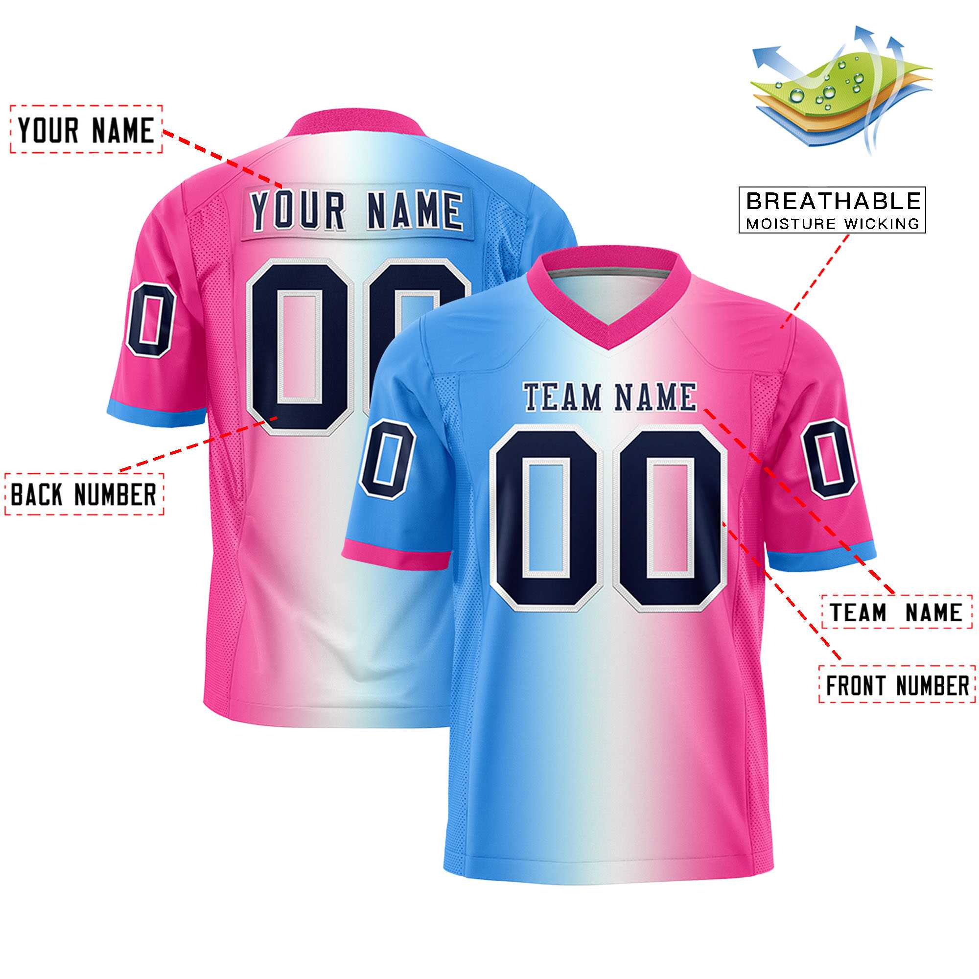 Custom Powder Blue White-Pink Personalized Gradient Fashion Authentic Football Jersey