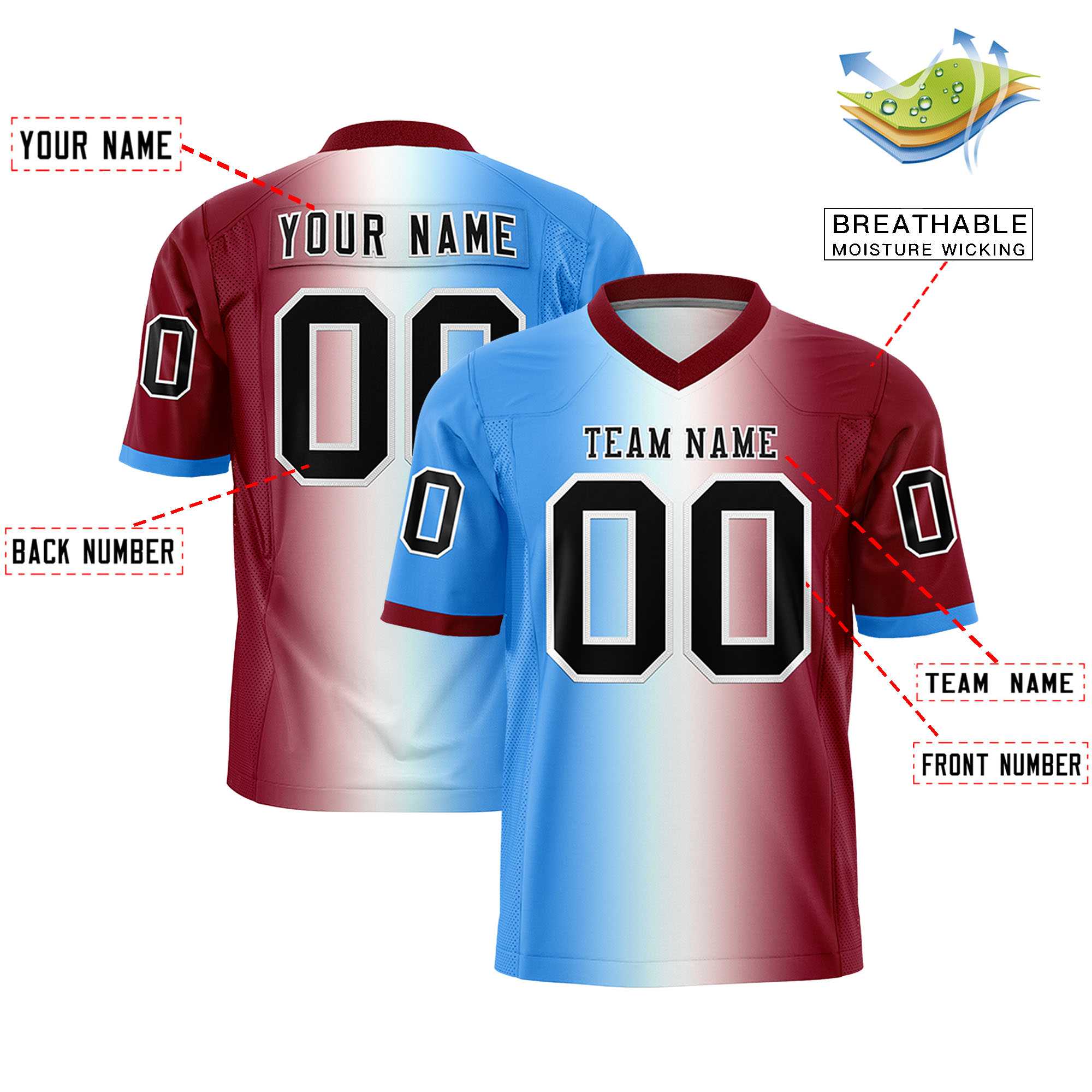 Custom Powder Blue White-Crimson Personalized Gradient Fashion Authentic Football Jersey