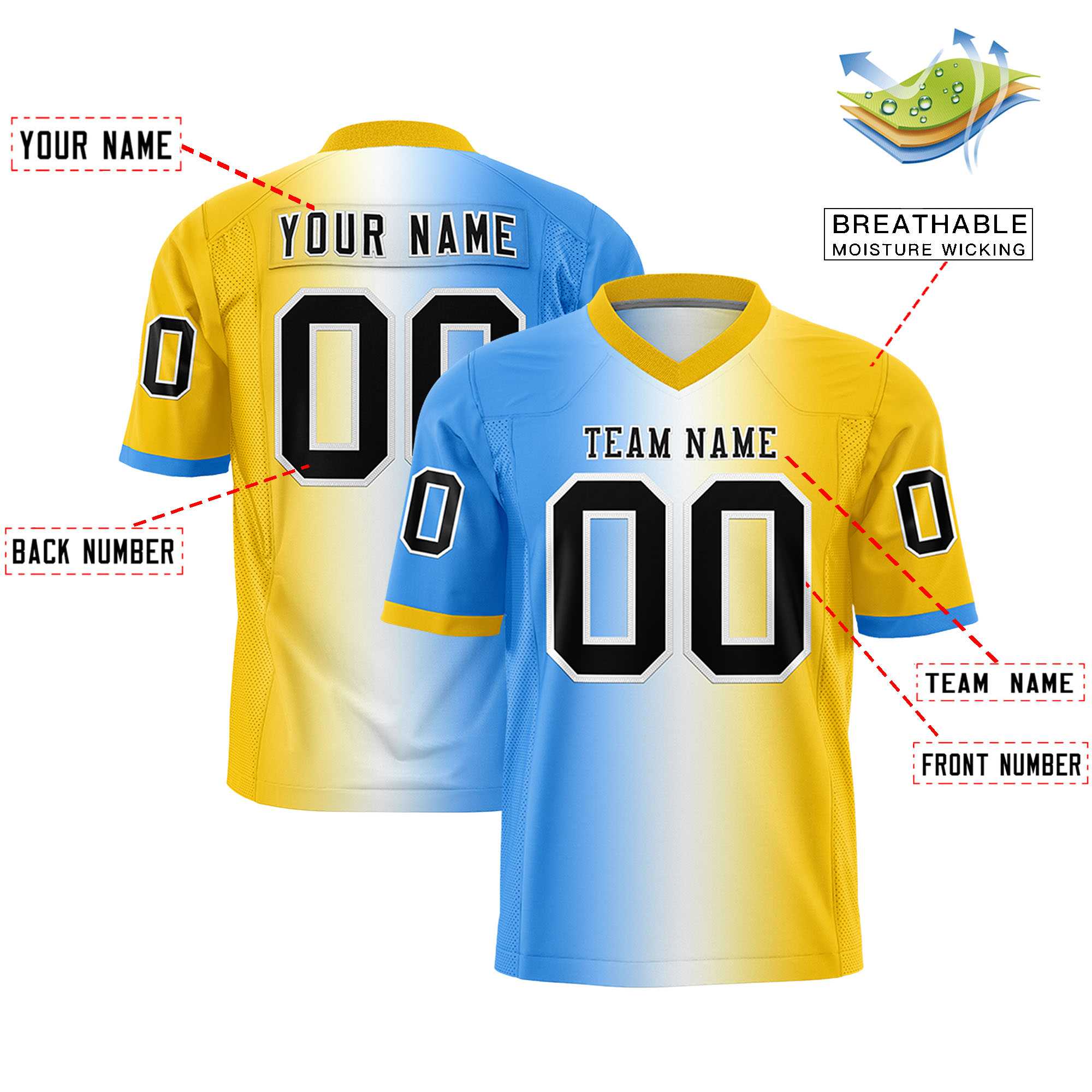 Custom Powder Blue White-Gold Personalized Gradient Fashion Authentic Football Jersey