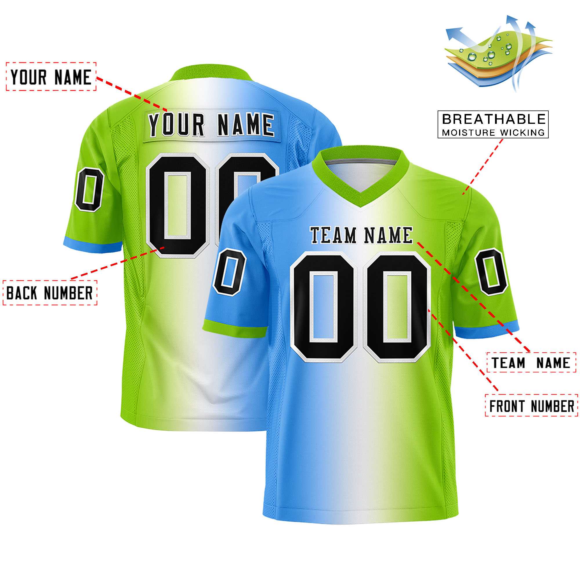 Custom Powder Blue White-Neon Green Personalized Gradient Fashion Authentic Football Jersey