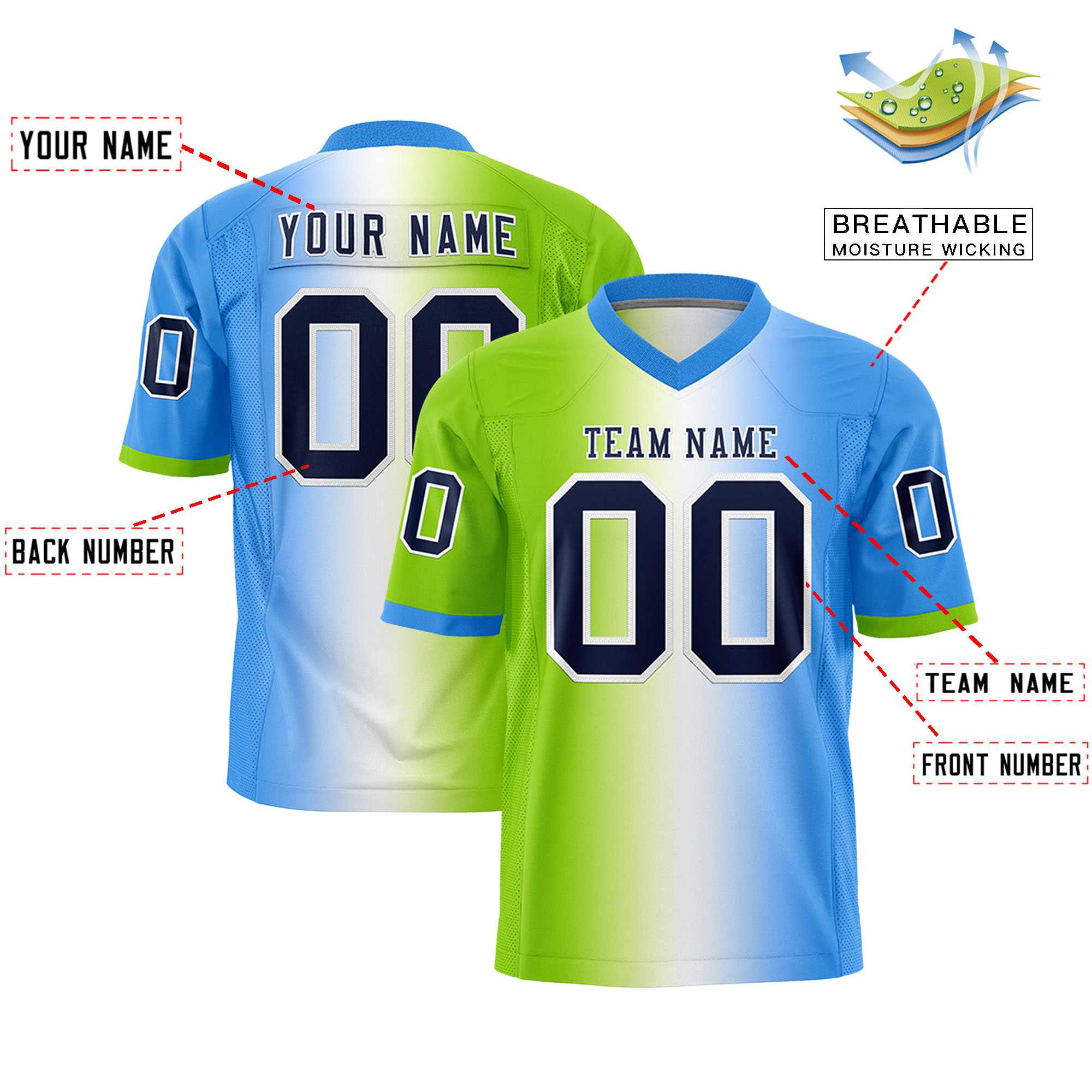 Custom Neon Green White-Powder Blue Personalized Gradient Fashion Authentic Football Jersey