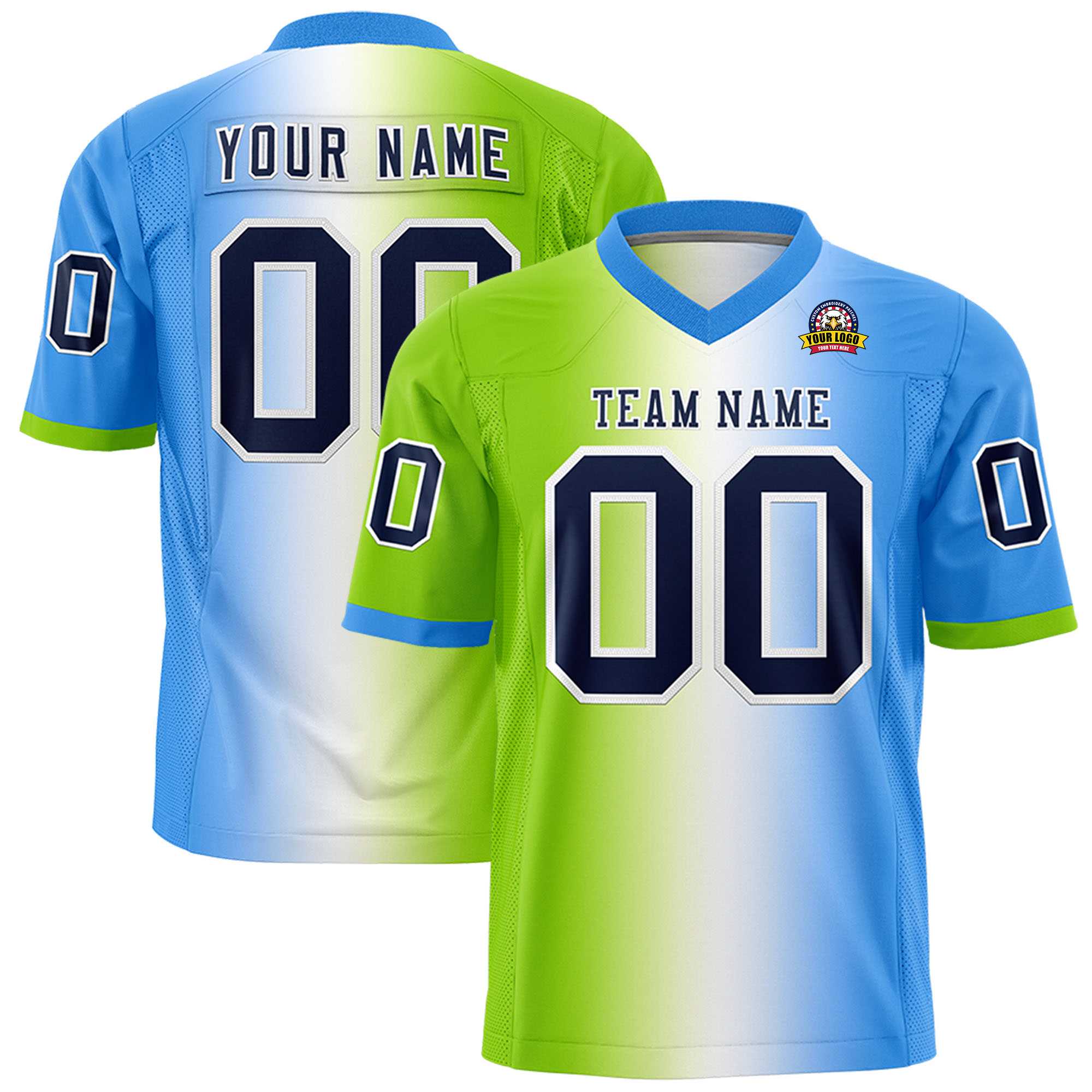 Custom Neon Green White-Powder Blue Personalized Gradient Fashion Authentic Football Jersey