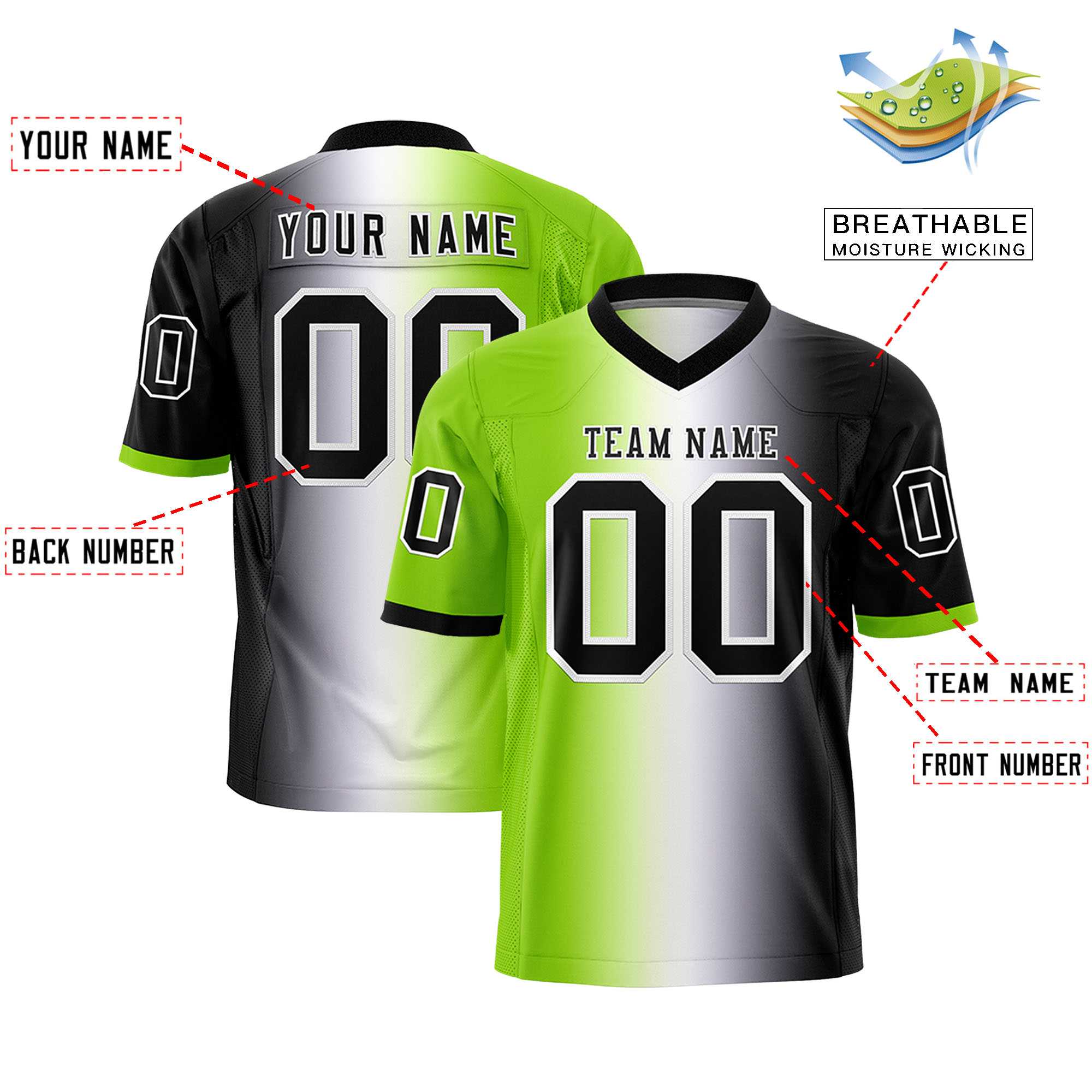 Custom Neon Green White-Black Personalized Gradient Fashion Authentic Football Jersey