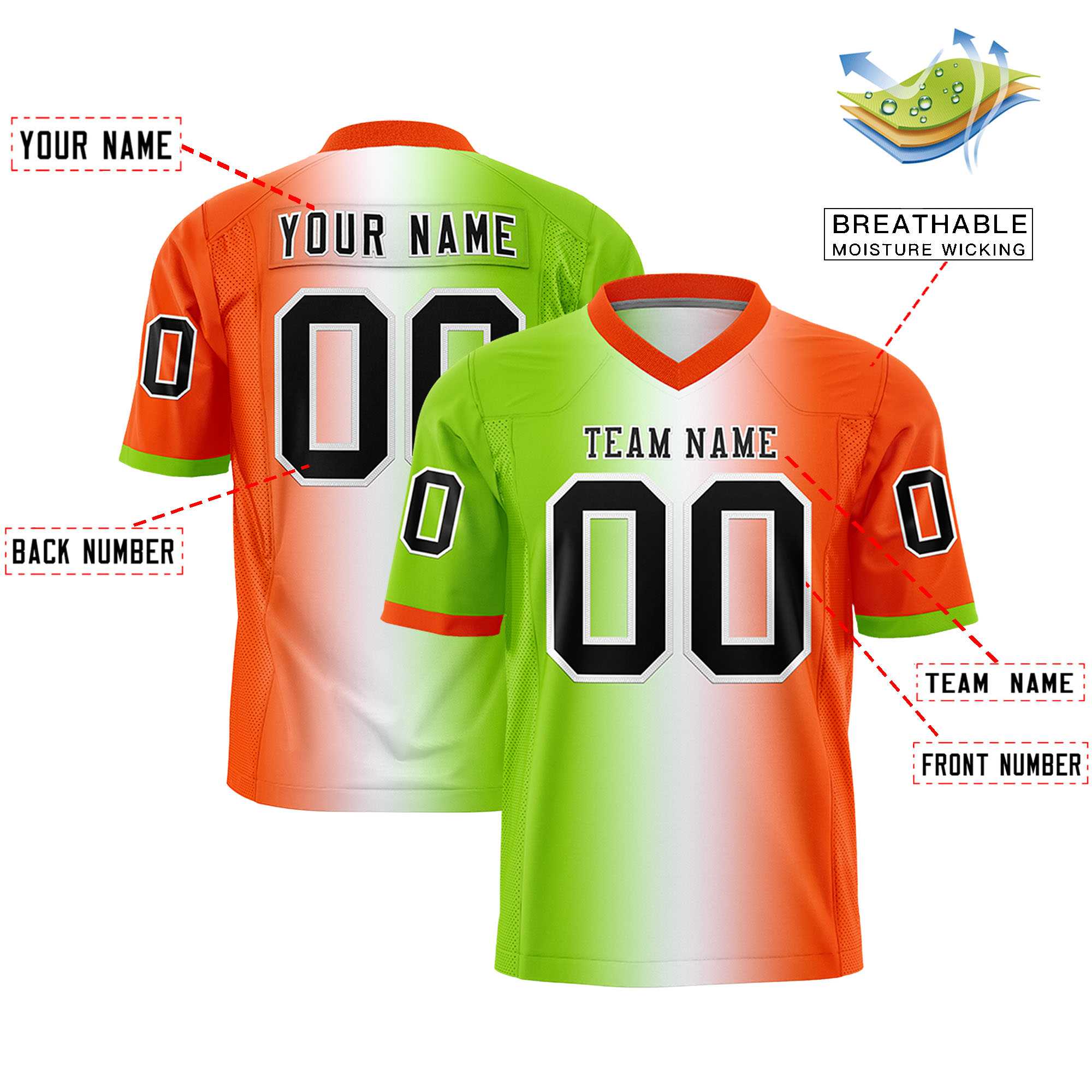 Custom Neon Green White-Orange Personalized Gradient Fashion Authentic Football Jersey