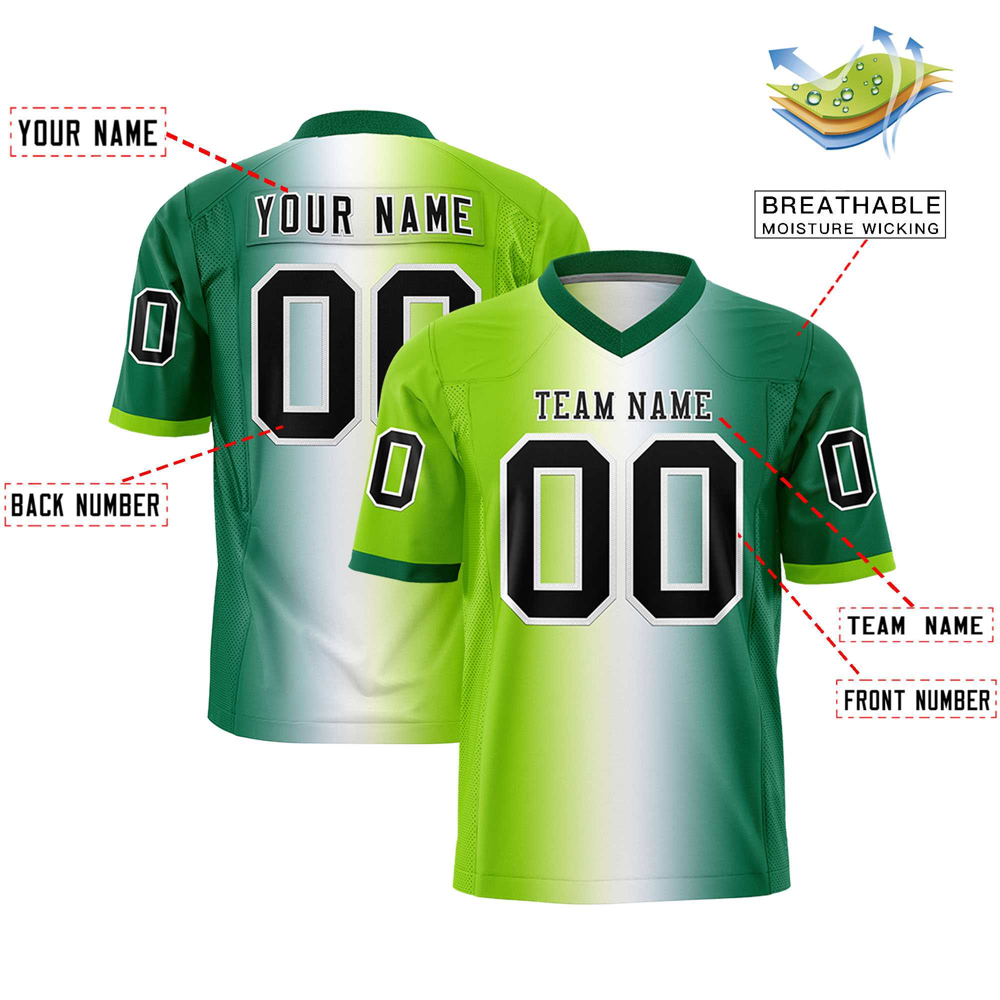 Custom Neon Green White-Kelly Green Personalized Gradient Fashion Authentic Football Jersey