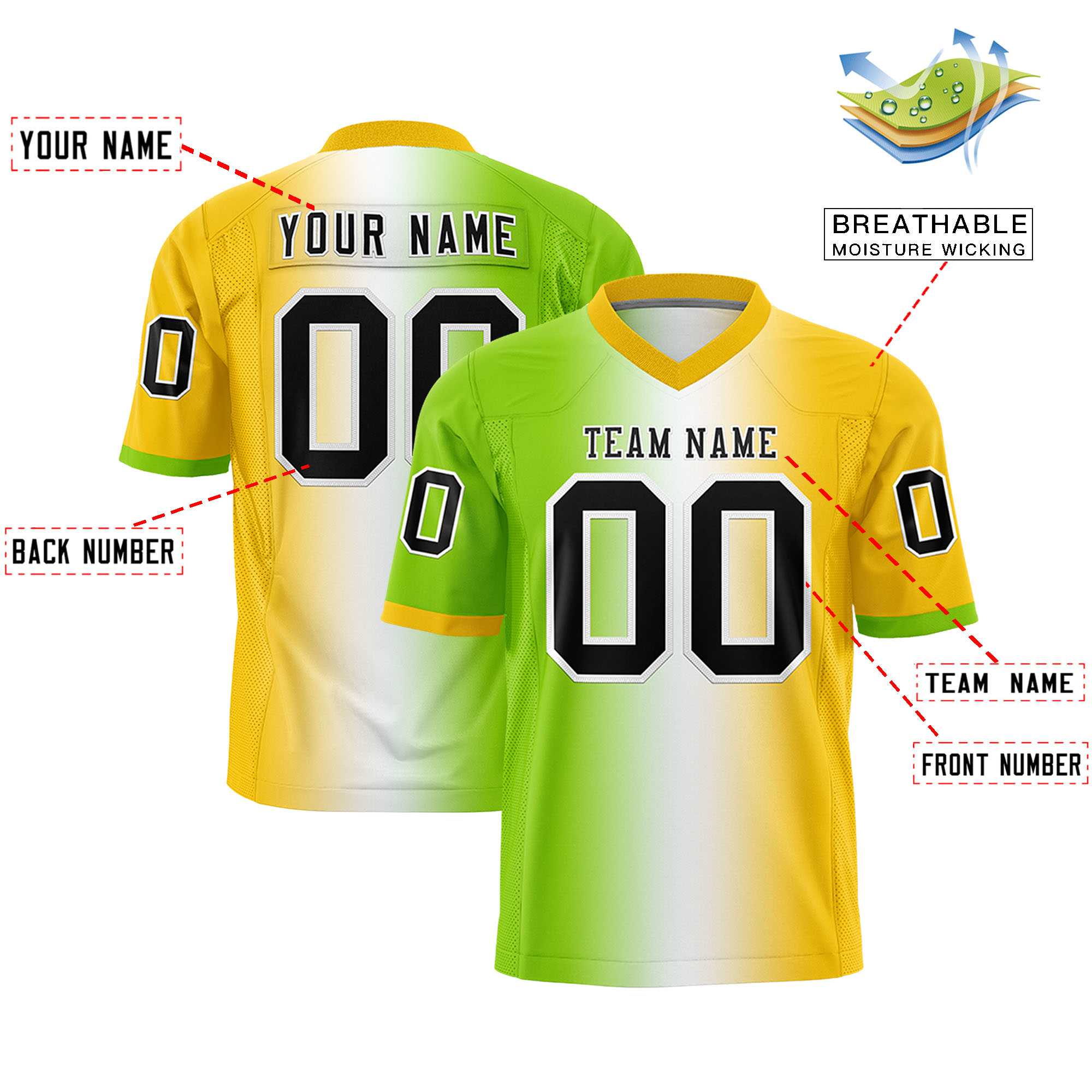 Custom Neon Green White-Gold Personalized Gradient Fashion Authentic Football Jersey