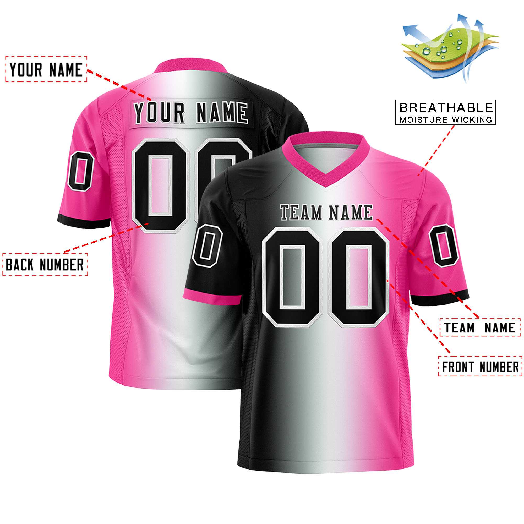 Custom Black White-Pink Personalized Gradient Fashion Authentic Football Jersey