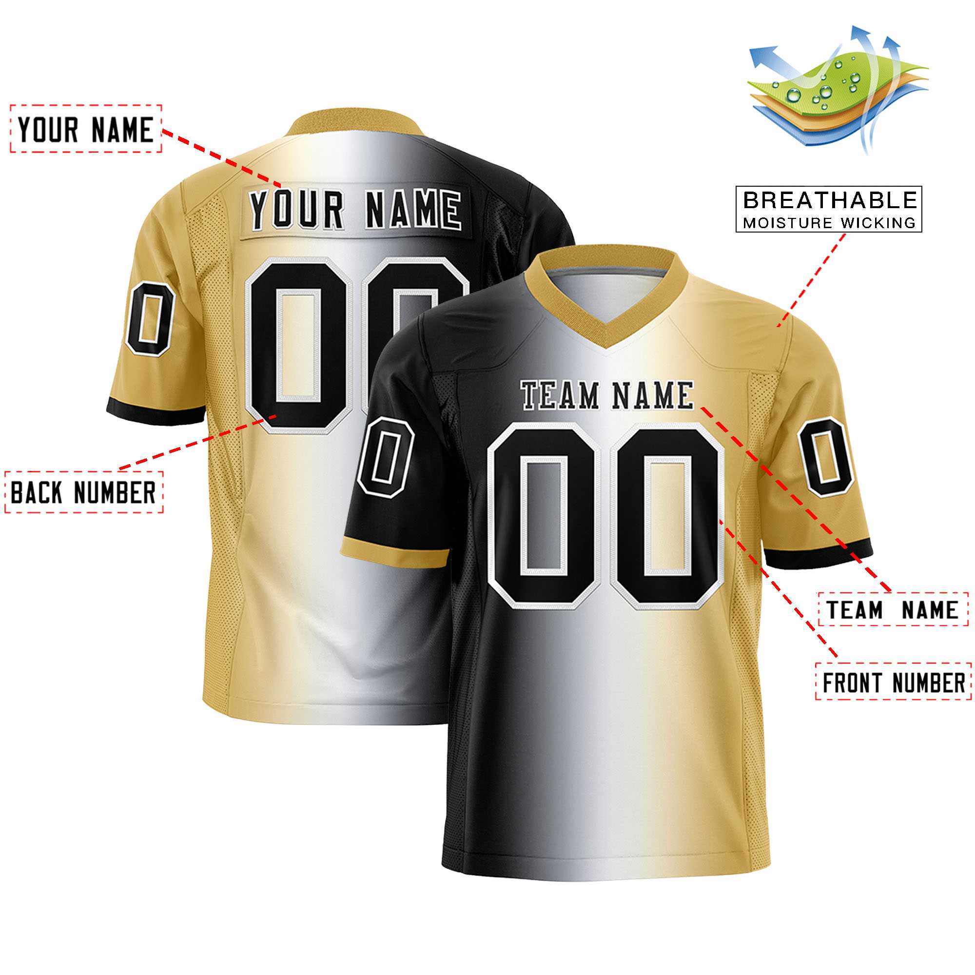 Custom Black White-Old Gold Personalized Gradient Fashion Authentic Football Jersey