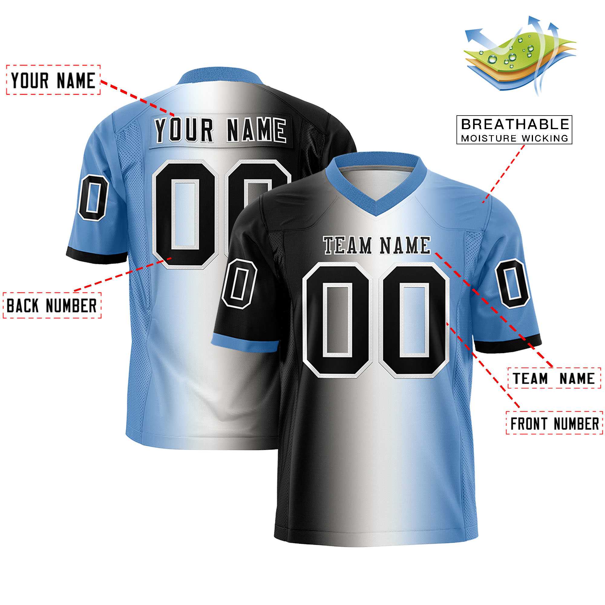 Custom Black White-Light Blue Personalized Gradient Fashion Authentic Football Jersey