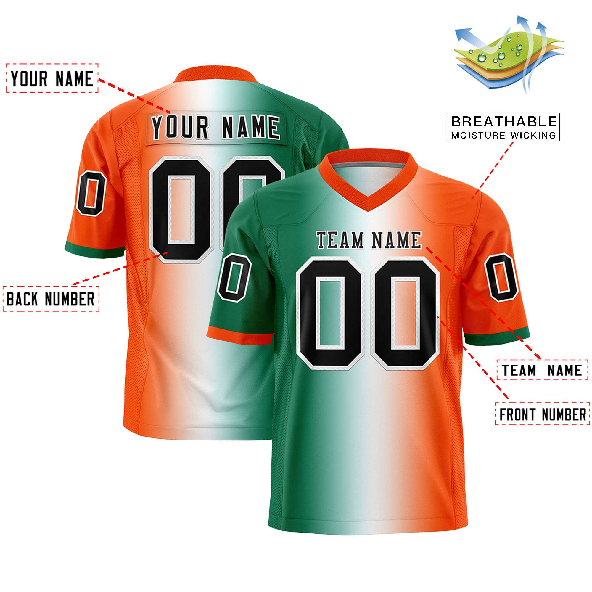 Custom Kelly Green White-Orange Personalized Gradient Fashion Authentic Football Jersey