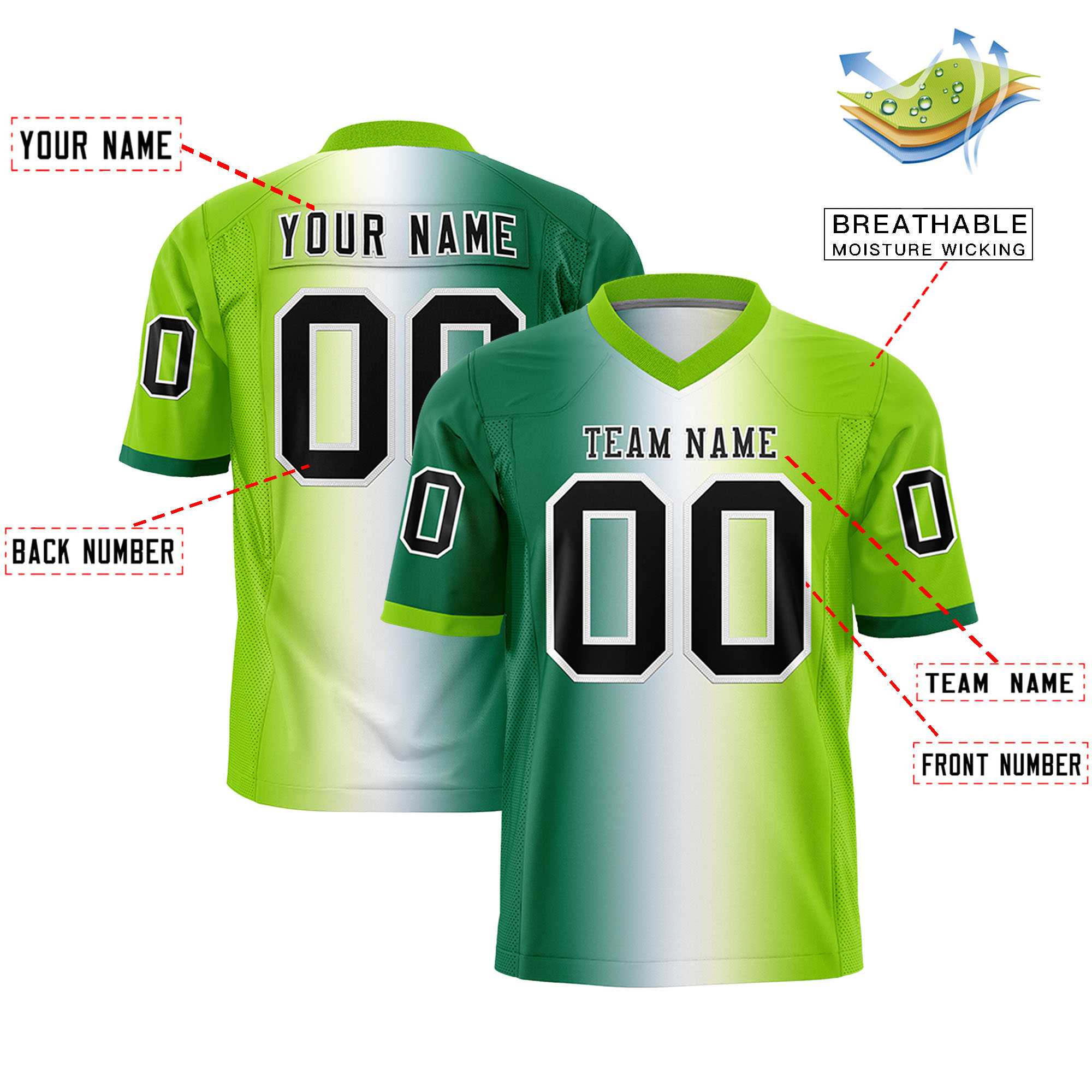 Custom Kelly Green White-Neon Green Personalized Gradient Fashion Authentic Football Jersey