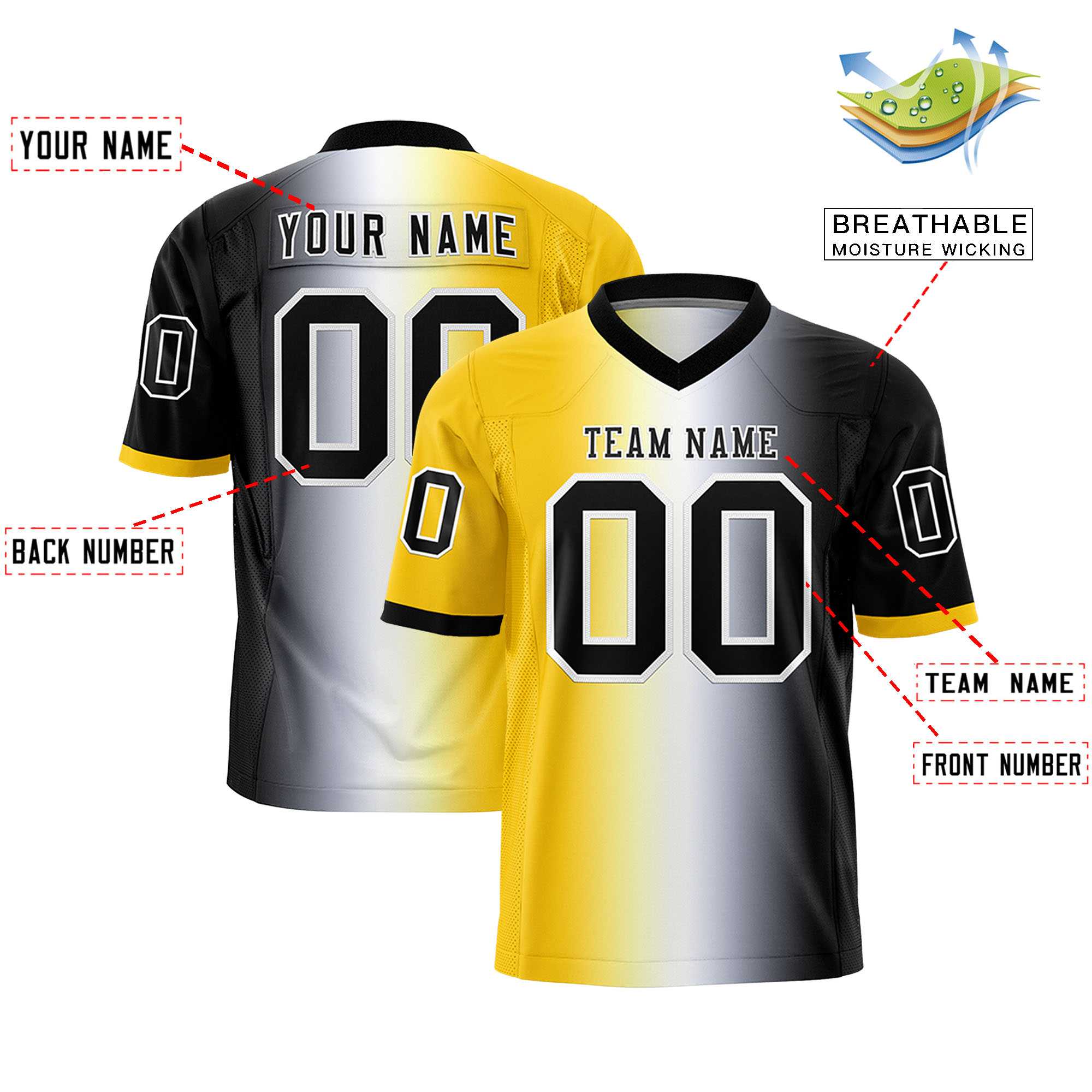 Custom Gold White-Black Personalized Gradient Fashion Authentic Football Jersey