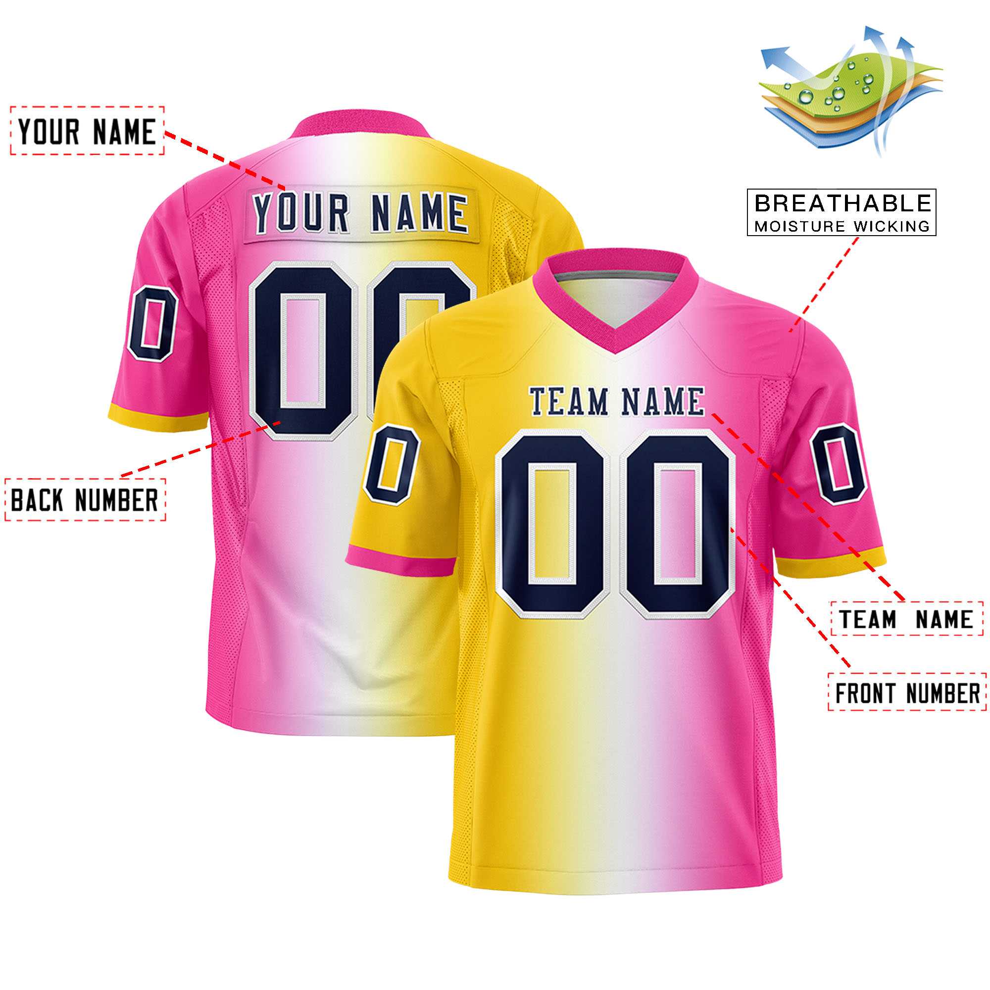 Custom Gold White-Pink Personalized Gradient Fashion Authentic Football Jersey