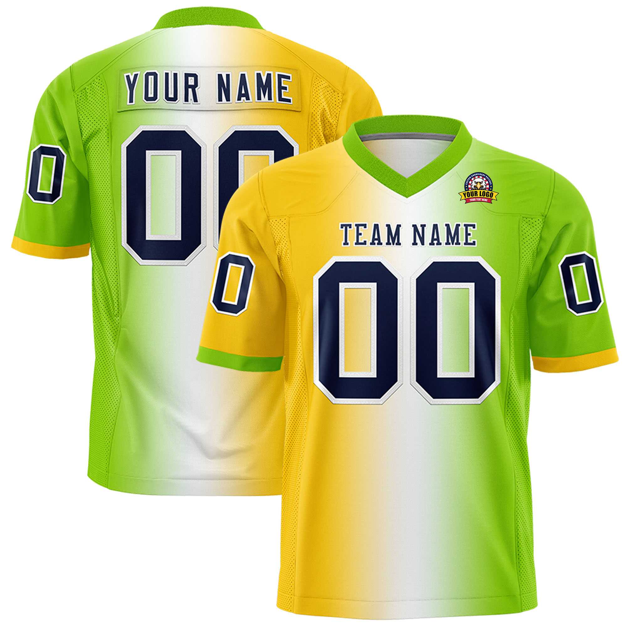 Custom Gold White-Neon Green Personalized Gradient Fashion Authentic Football Jersey