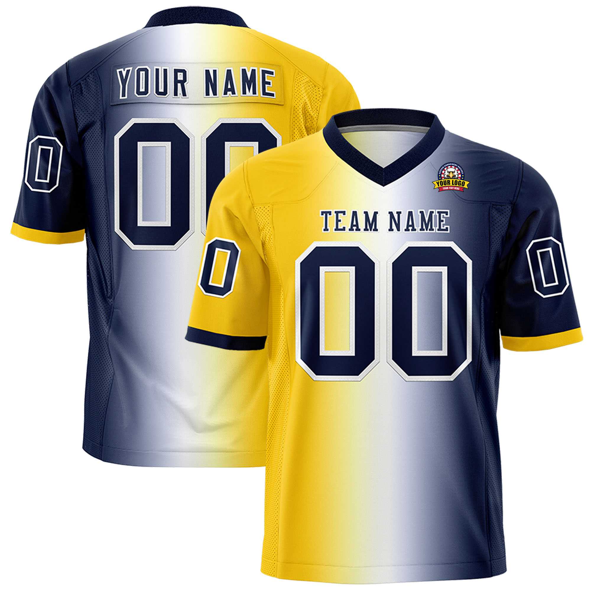 Custom Gold White-Navy Personalized Gradient Fashion Authentic Football Jersey