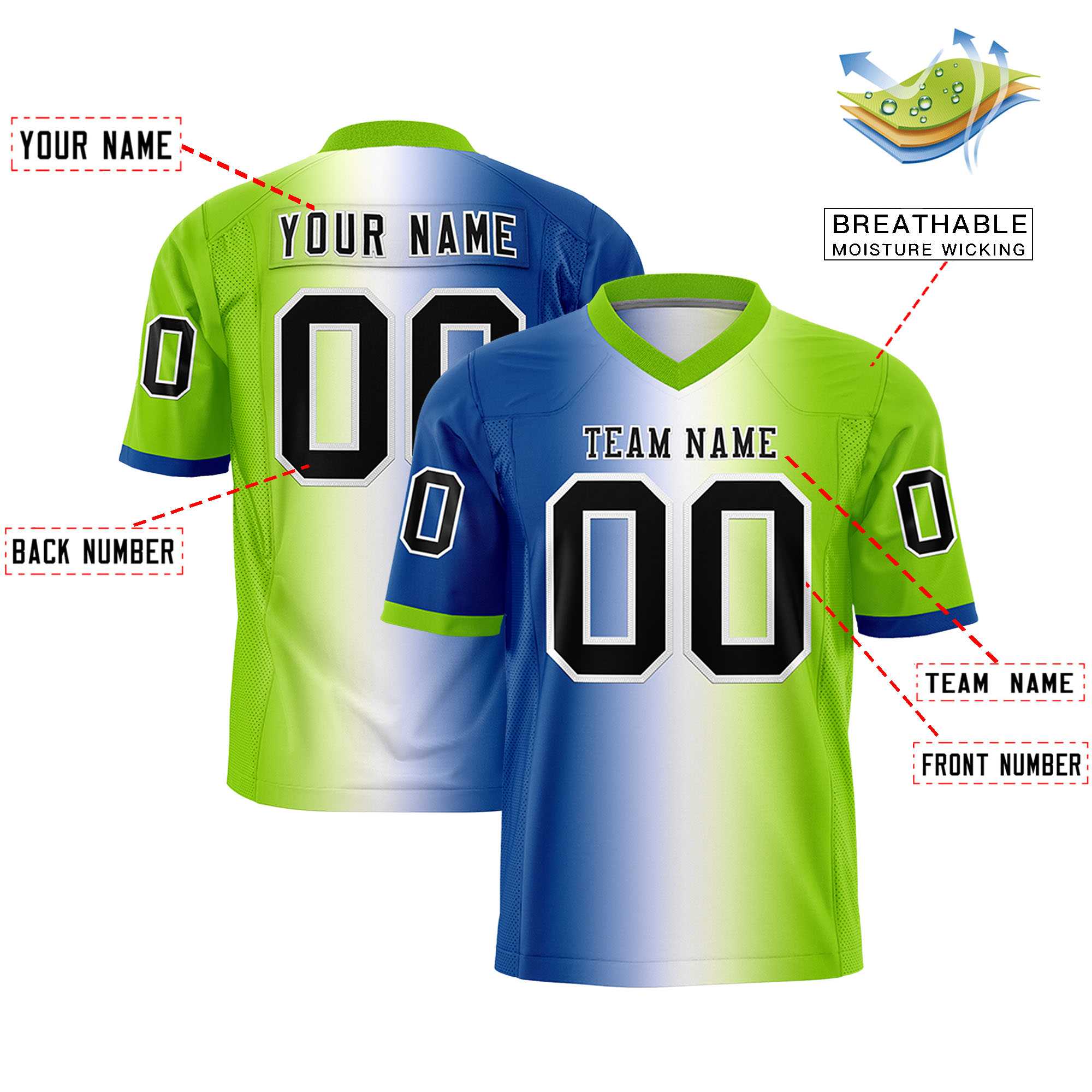 Custom Royal White-Neon Green Personalized Gradient Fashion Authentic Football Jersey