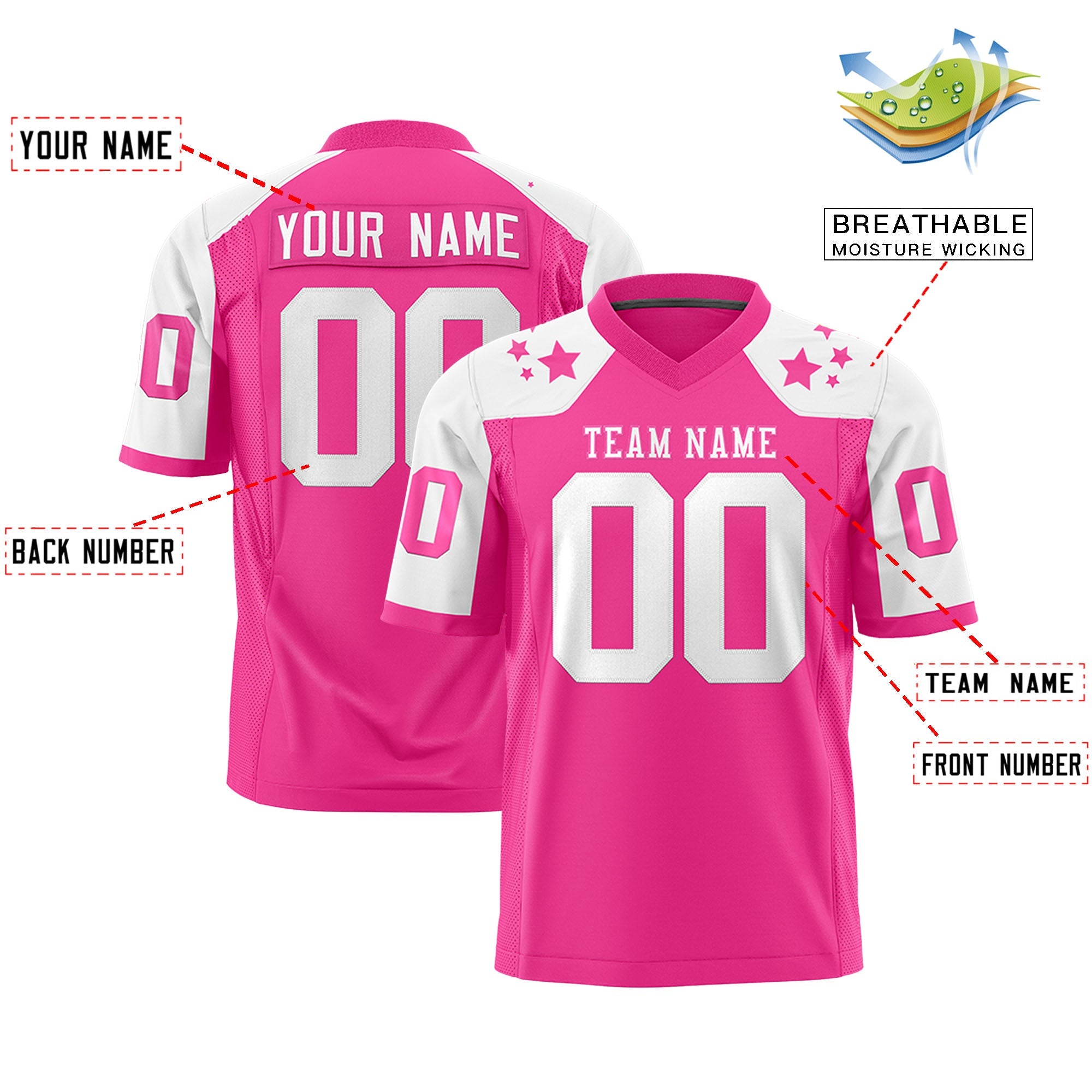 Custom Pink White Personalized Shoulder Star Pattern Authentic Football Jersey