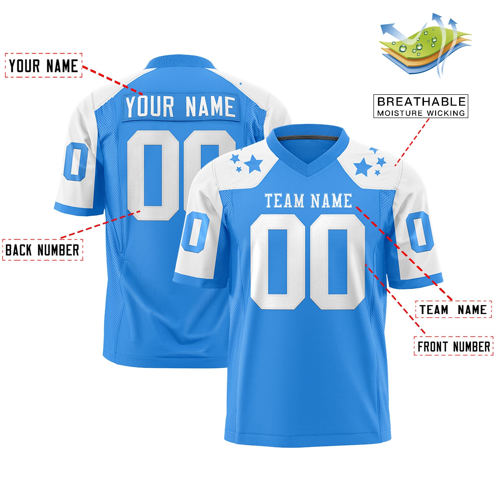 Custom Powder Blue White Personalized Shoulder Star Pattern Authentic Football Jersey