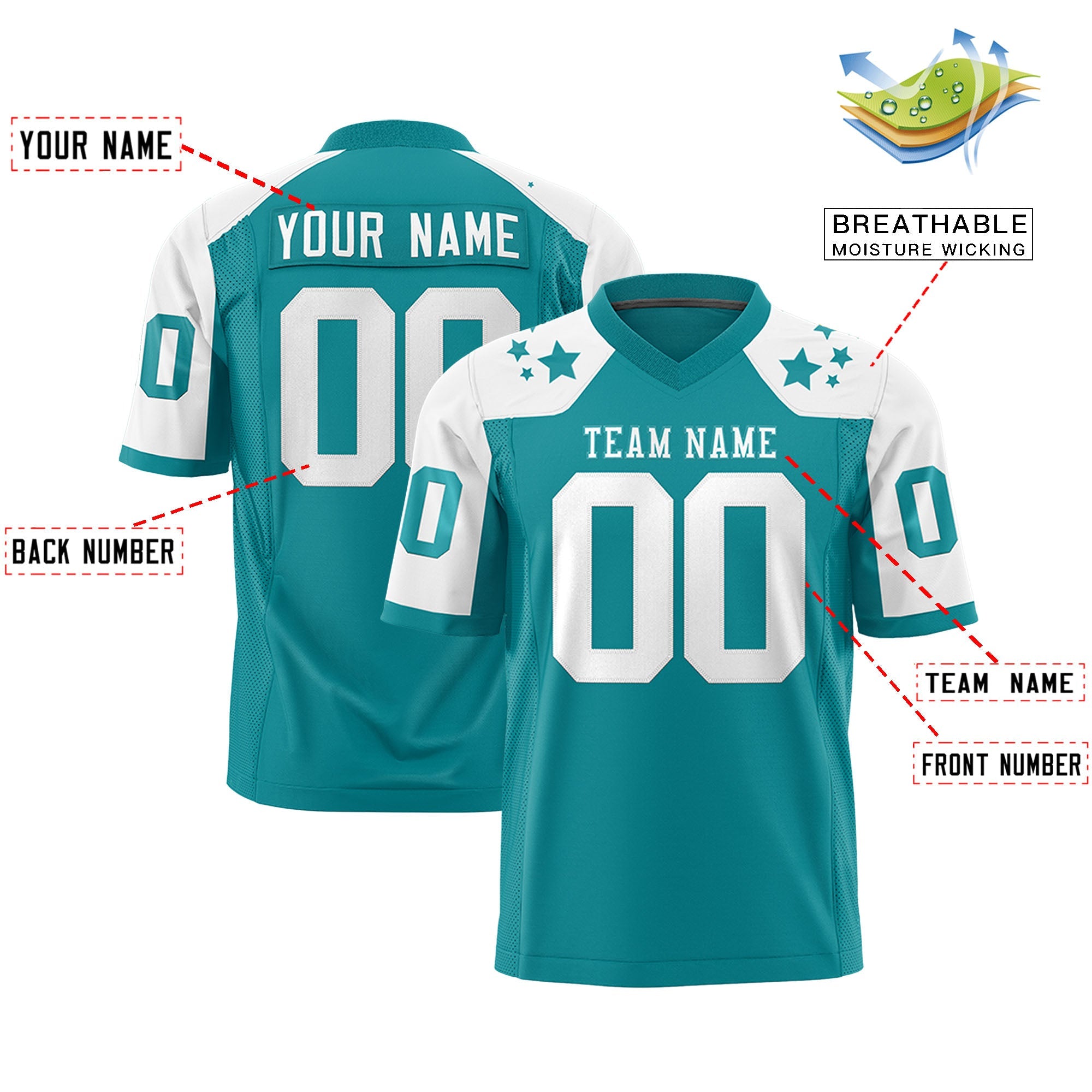 Custom Aqua White Personalized Shoulder Star Pattern Authentic Football Jersey