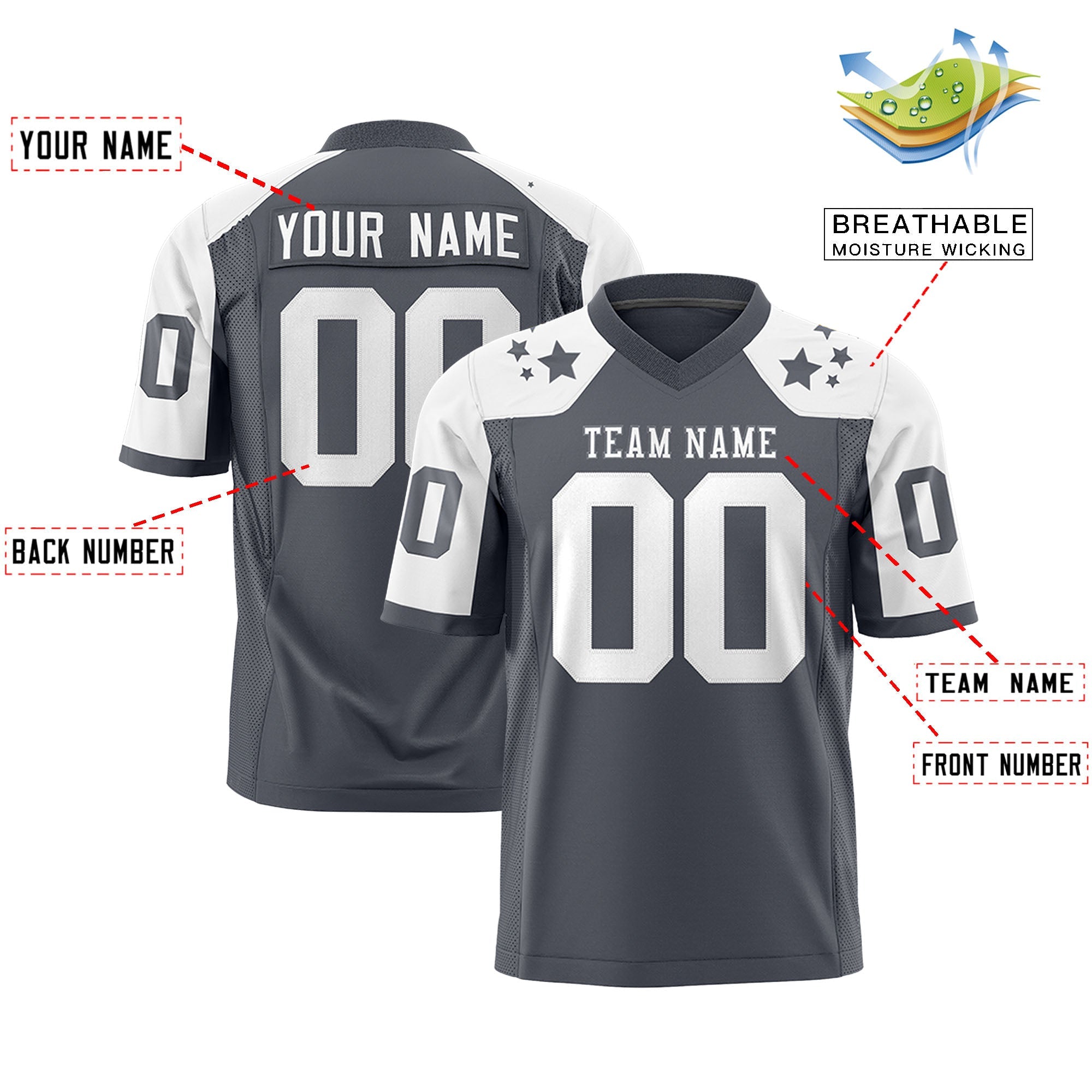 Custom Dark Gray White Personalized Shoulder Star Pattern Authentic Football Jersey