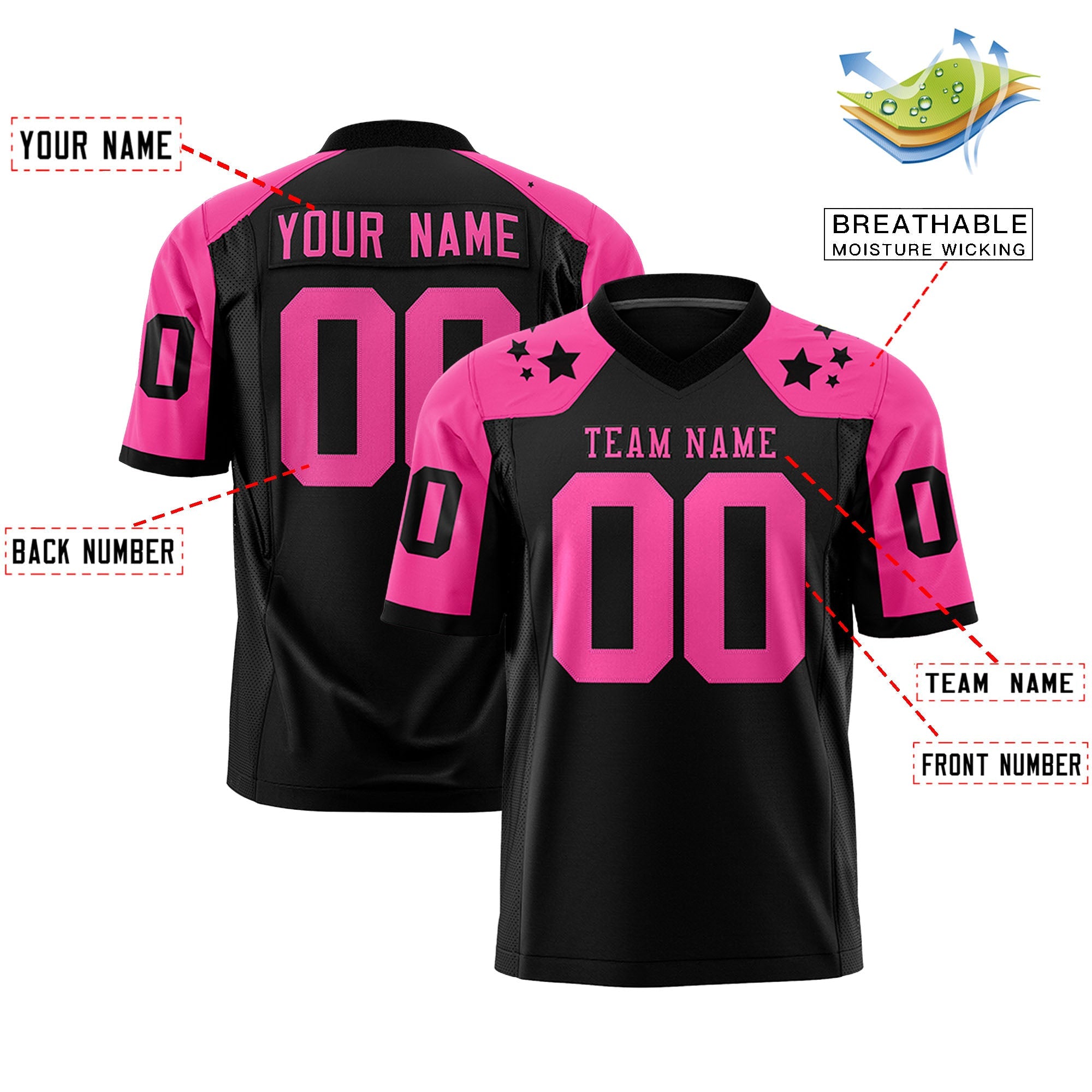 Custom Black Pink Personalized Shoulder Star Pattern Authentic Football Jersey