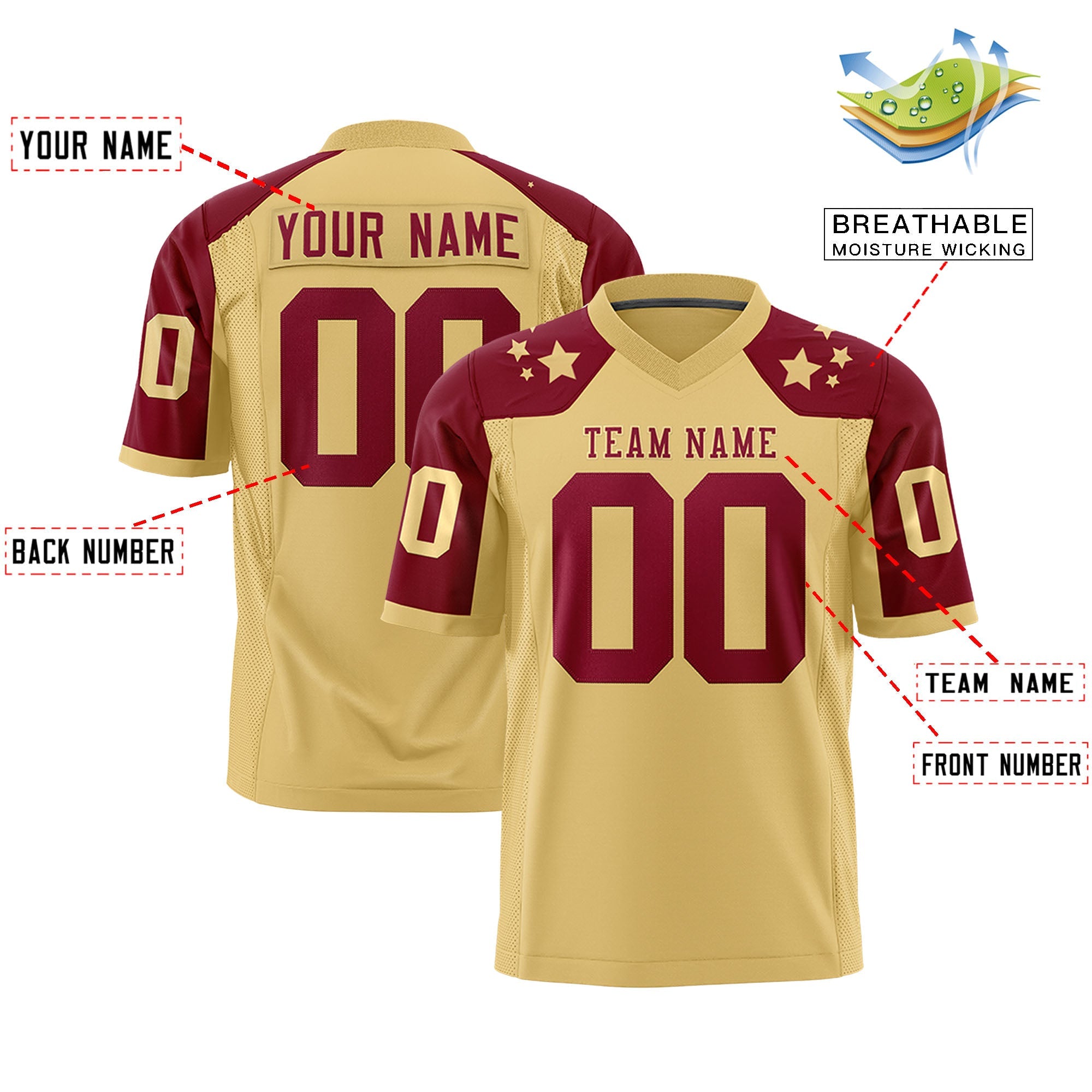 Custom Khaki Crimson Personalized Shoulder Star Pattern Authentic Football Jersey