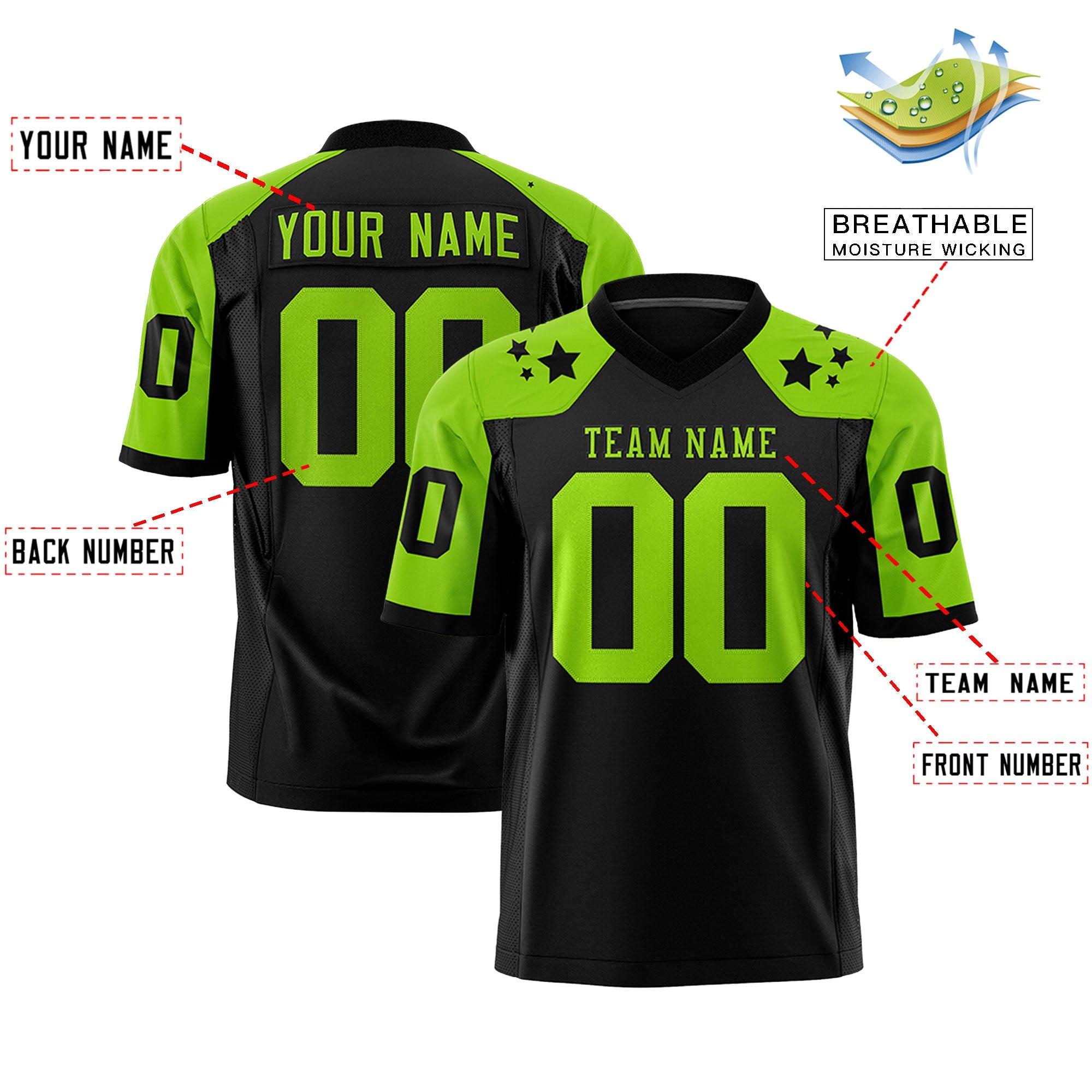 Custom Black Neon Green Personalized Shoulder Star Pattern Authentic Football Jersey