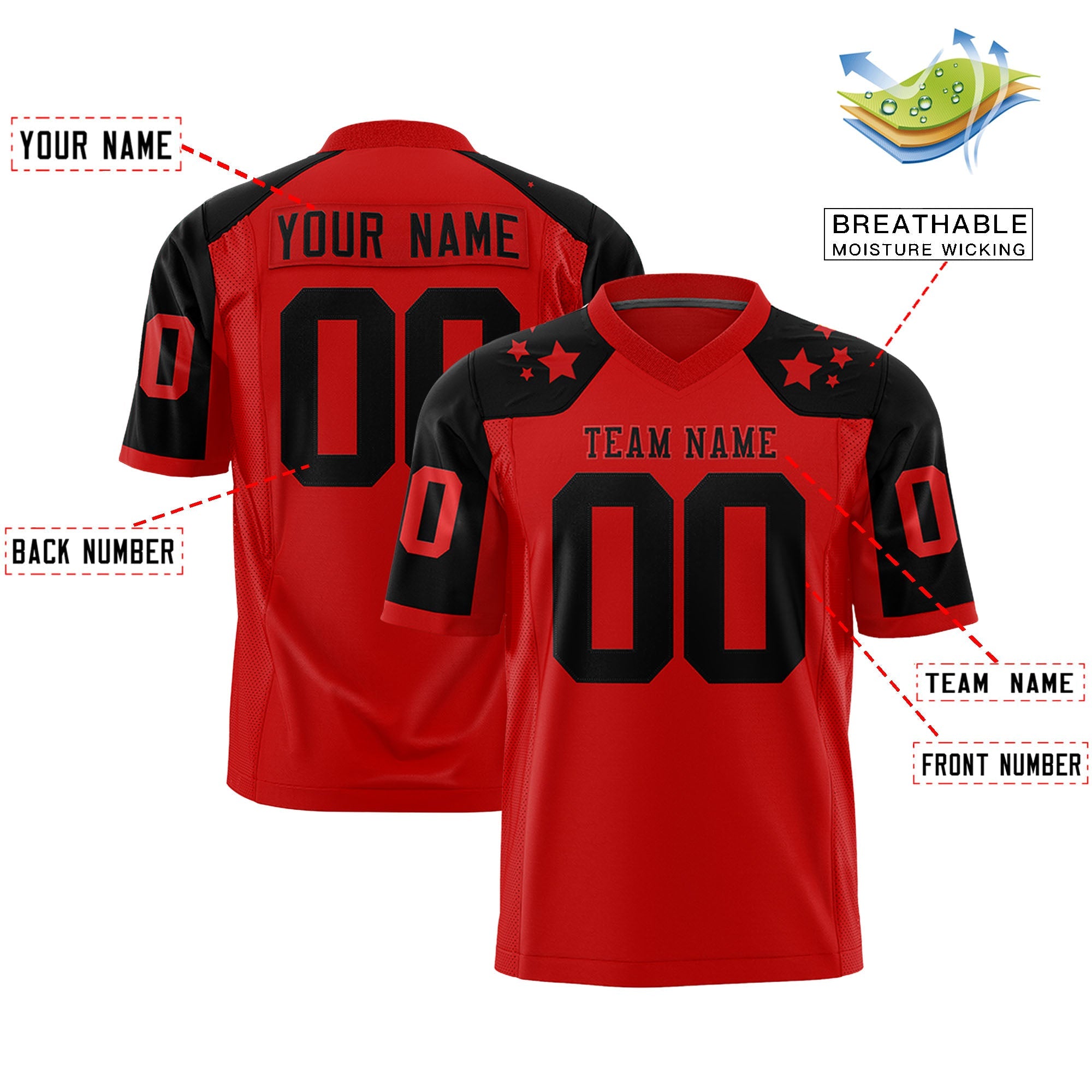 Custom Red Black Personalized Shoulder Star Pattern Authentic Football Jersey