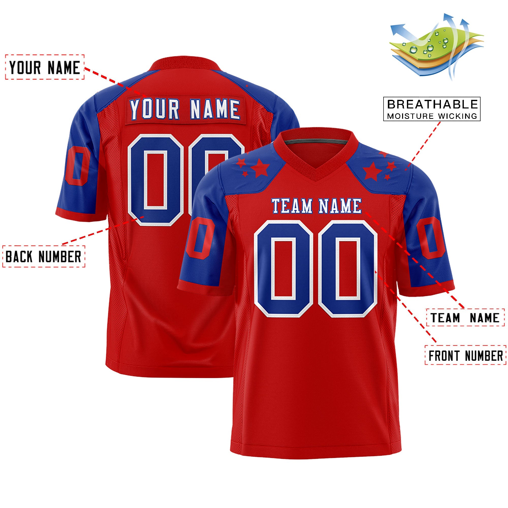 Custom Red Royal Personalized Shoulder Star Pattern Authentic Football Jersey