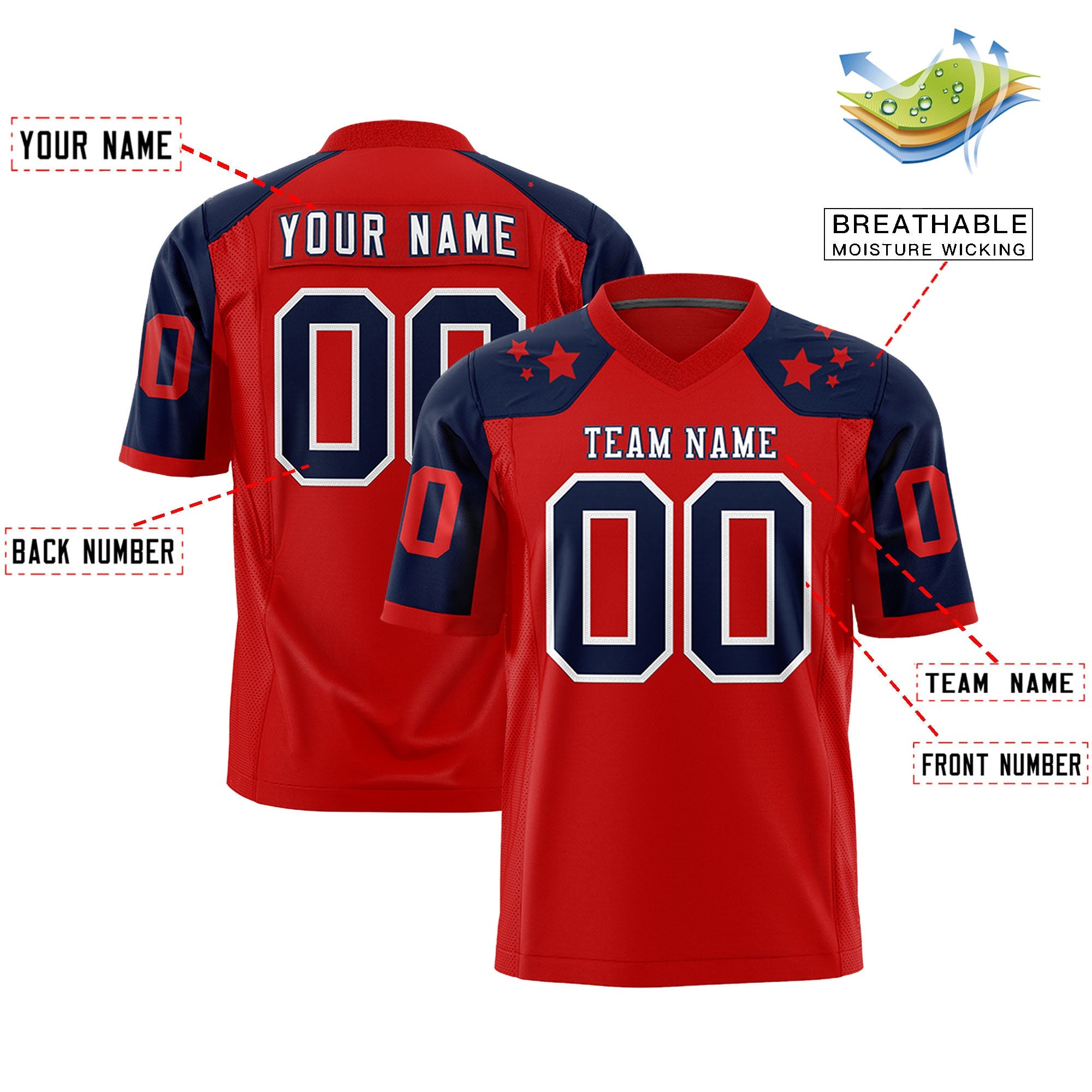 Custom Red Navy Personalized Shoulder Star Pattern Authentic Football Jersey