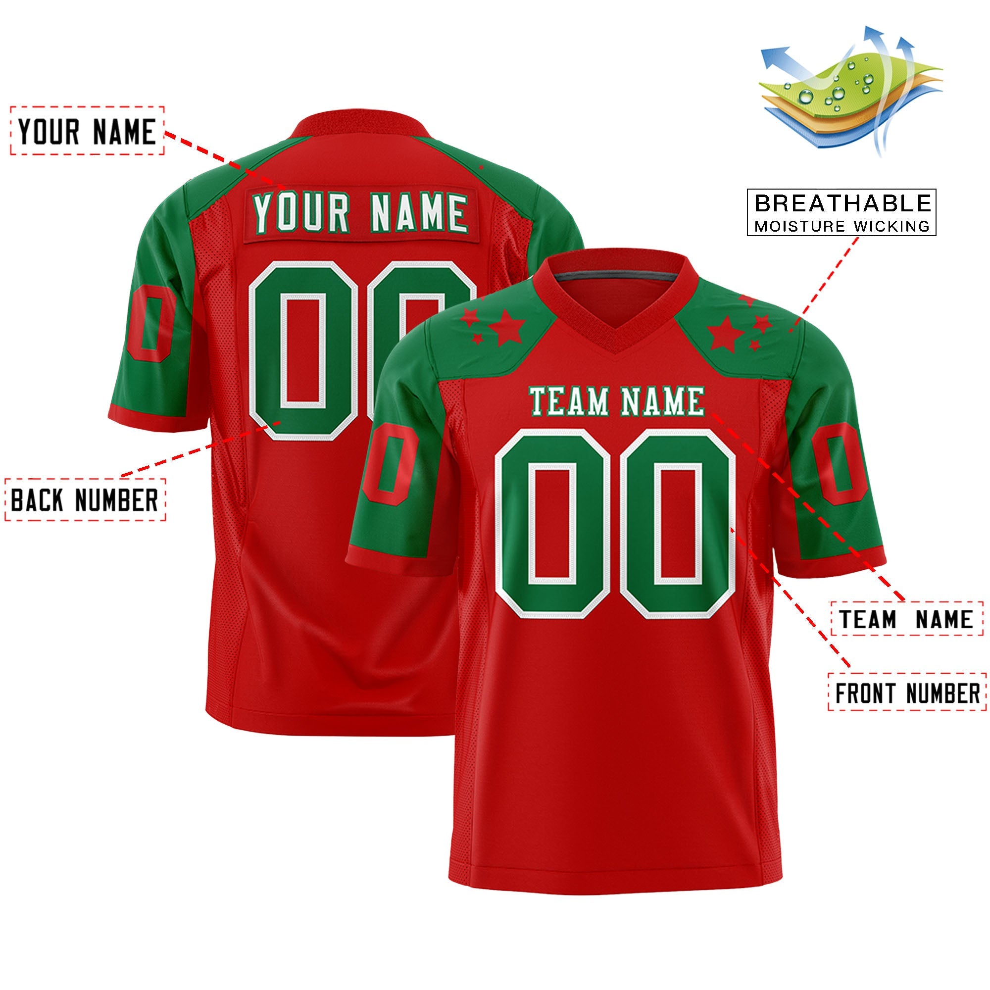 Custom Red Kelly Green Personalized Shoulder Star Pattern Authentic Football Jersey