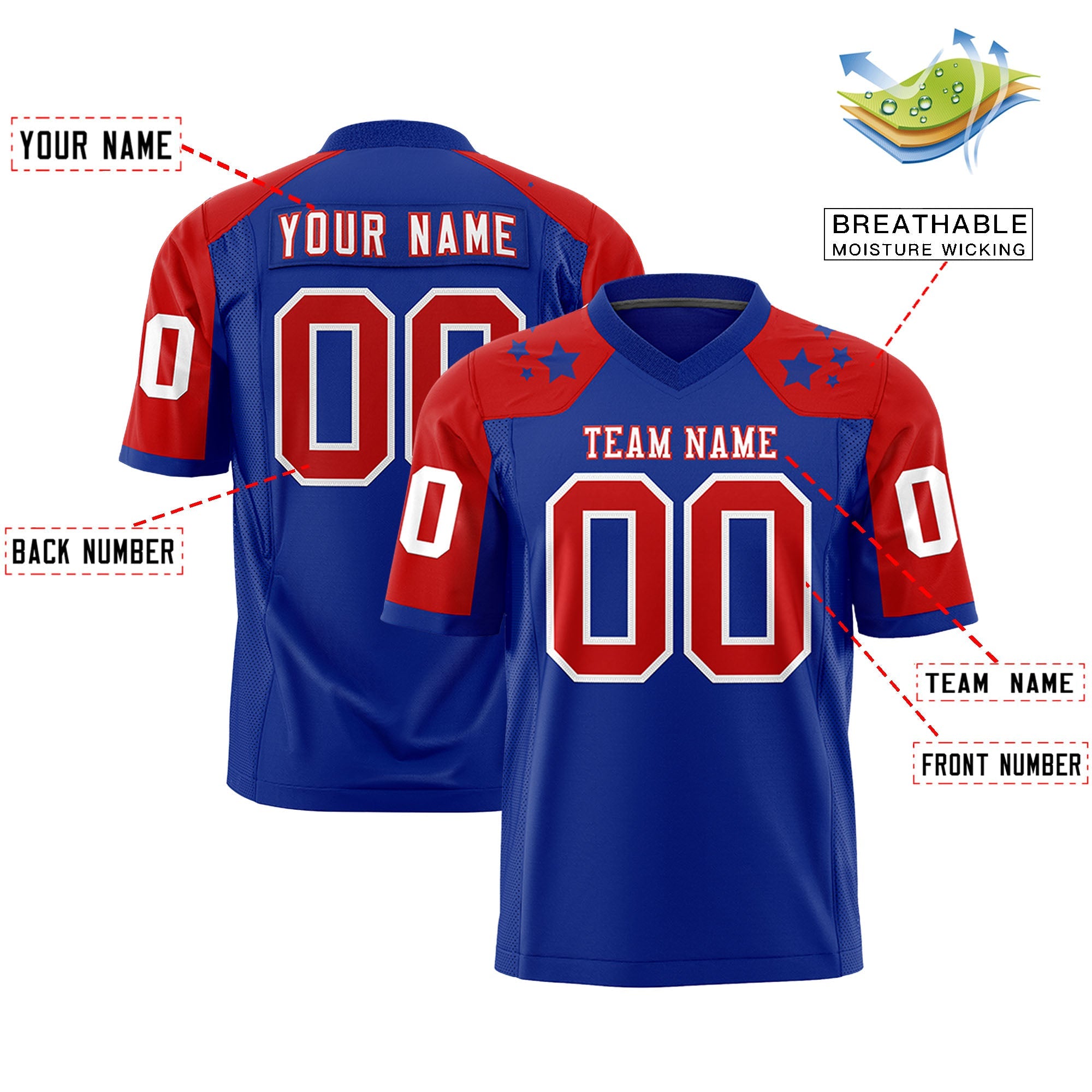 Custom Royal Red Personalized Shoulder Star Pattern Authentic Football Jersey