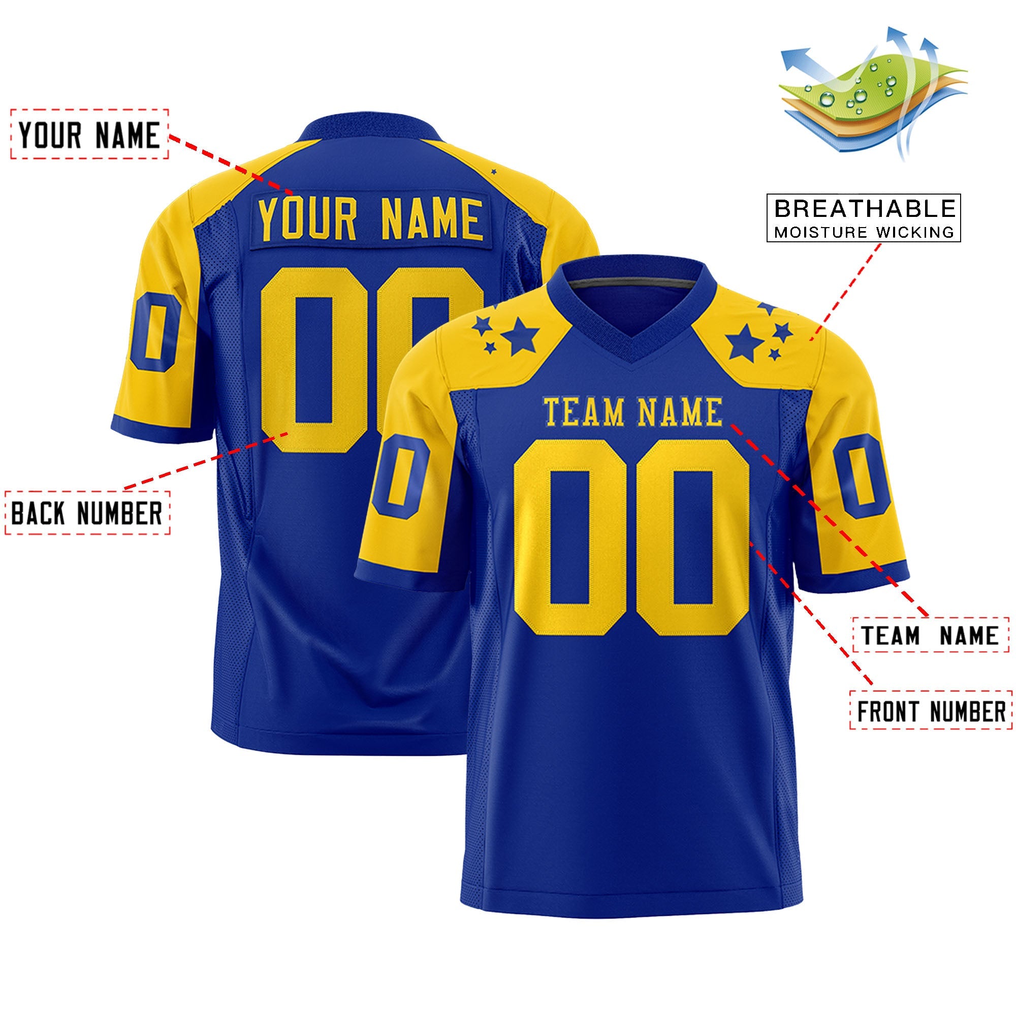 Custom Royal Gold Personalized Shoulder Star Pattern Authentic Football Jersey