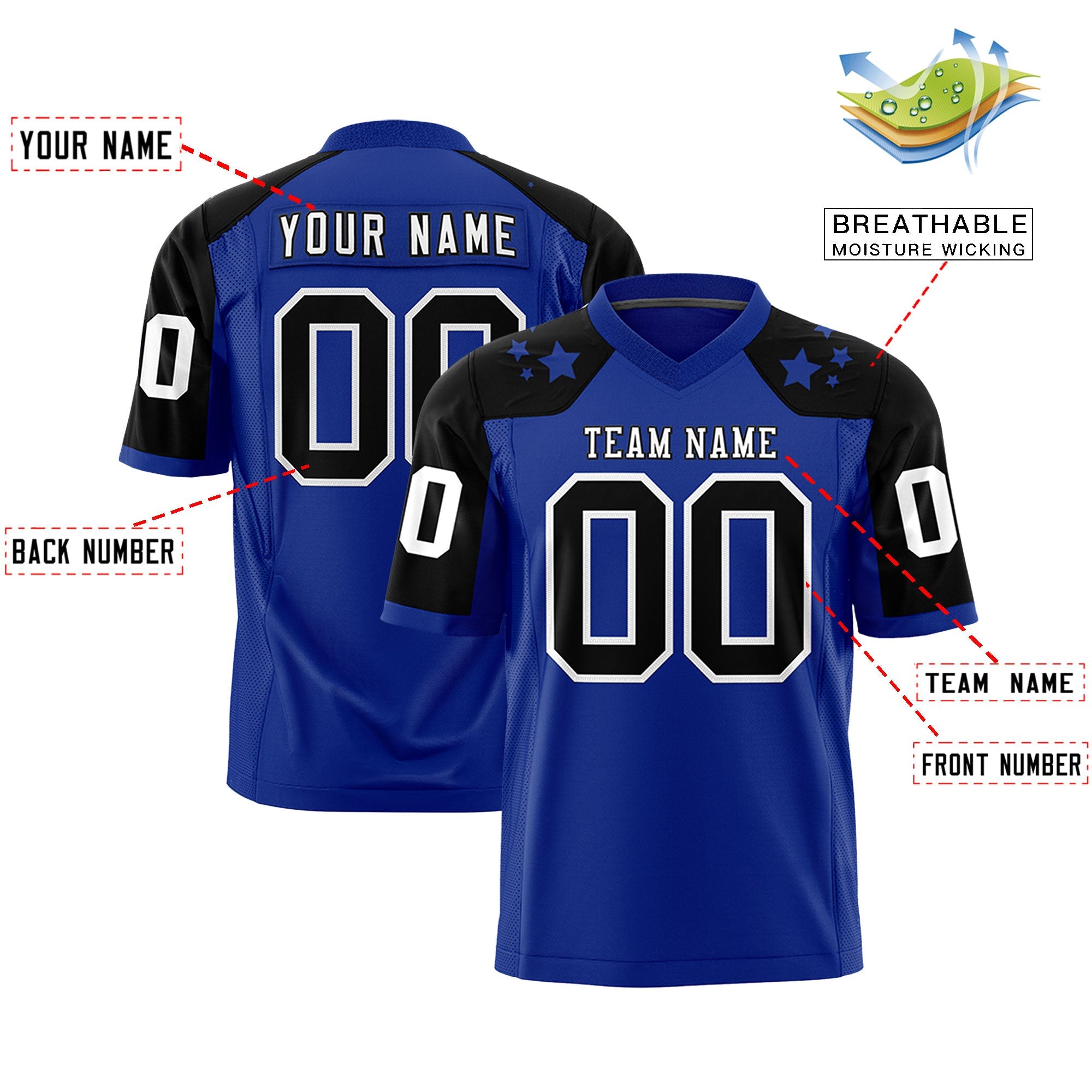 Custom Royal Black Personalized Shoulder Star Pattern Authentic Football Jersey