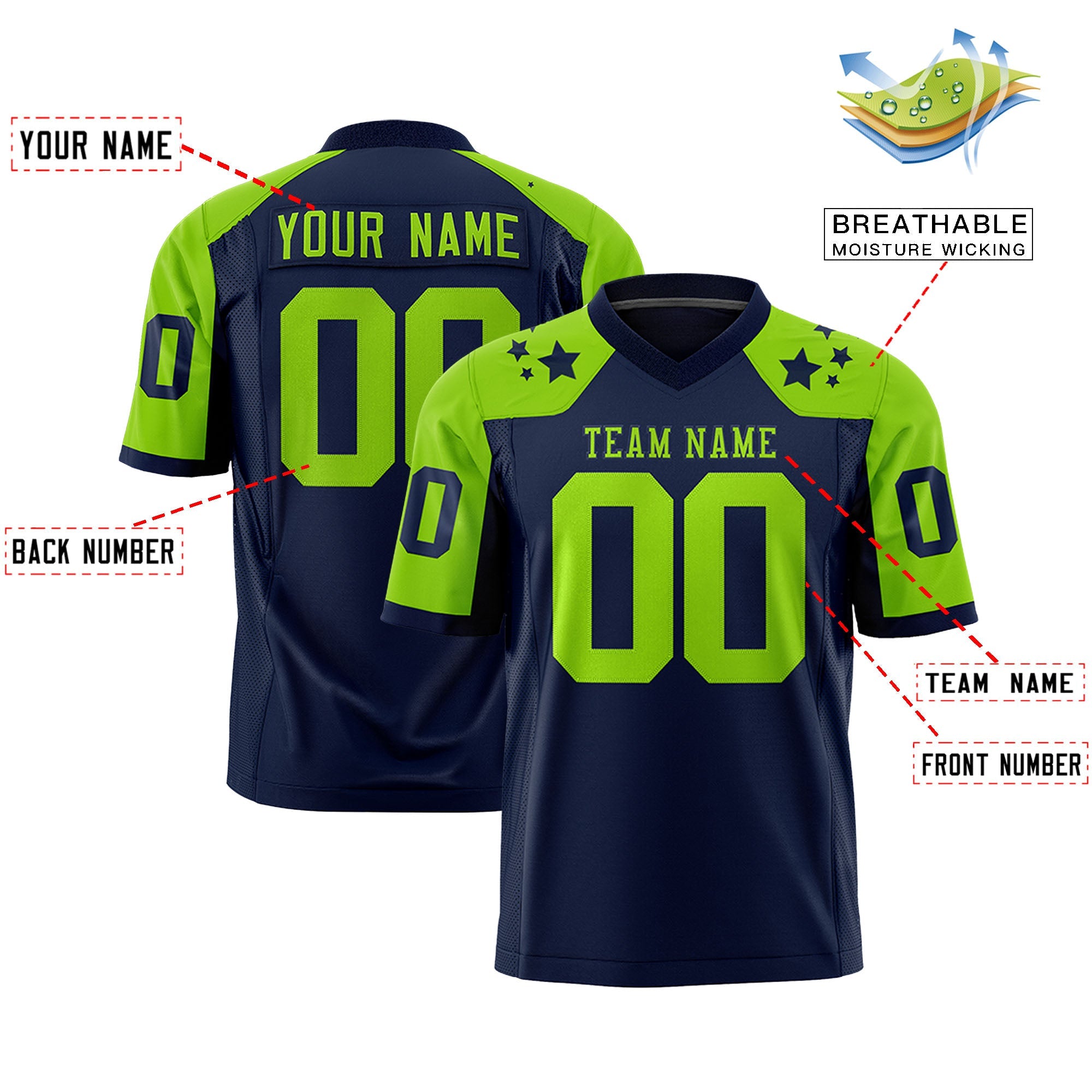 Custom Navy Neon Green Personalized Shoulder Star Pattern Authentic Football Jersey